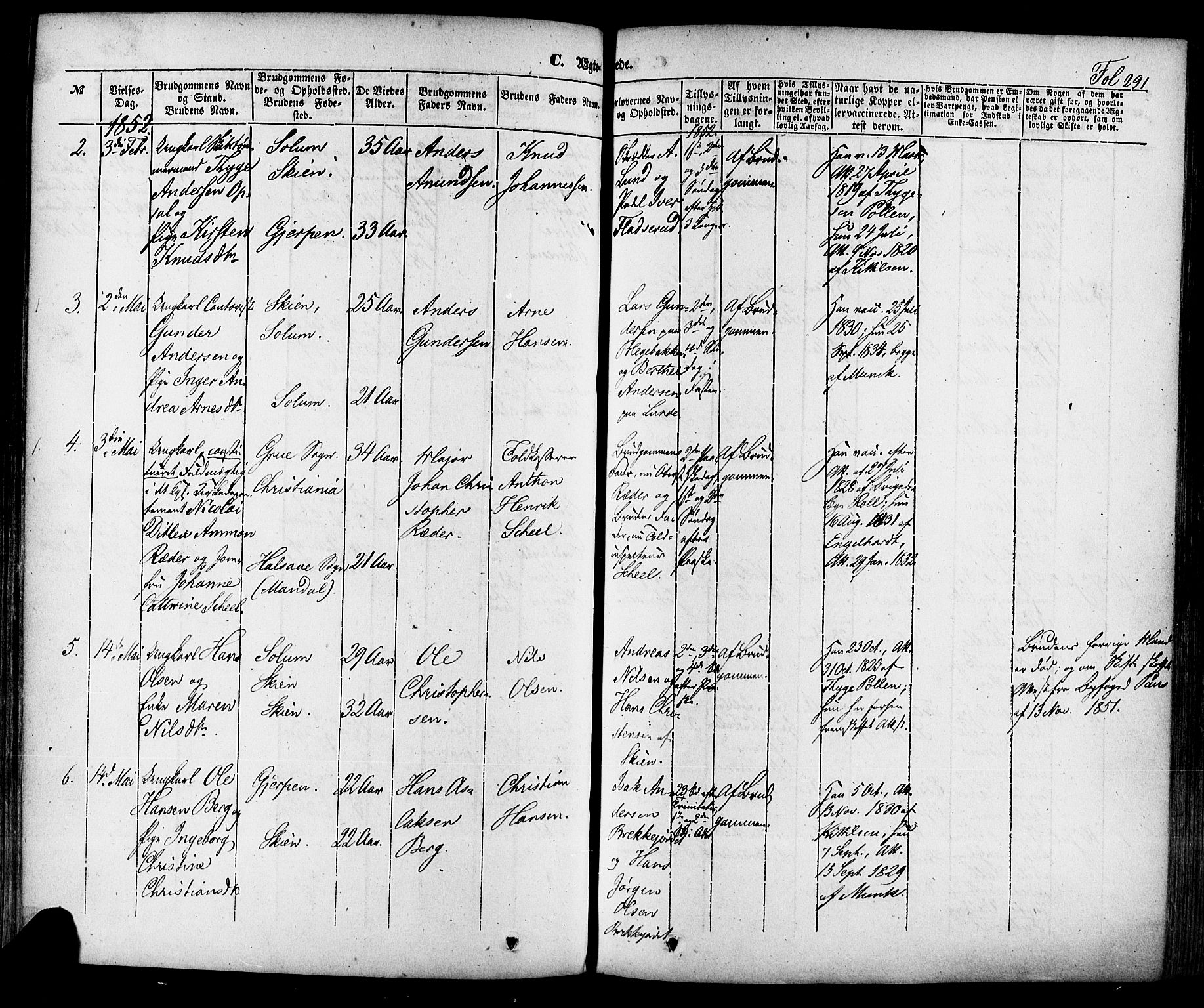Skien kirkebøker, SAKO/A-302/F/Fa/L0006a: Parish register (official) no. 6A, 1843-1856, p. 291
