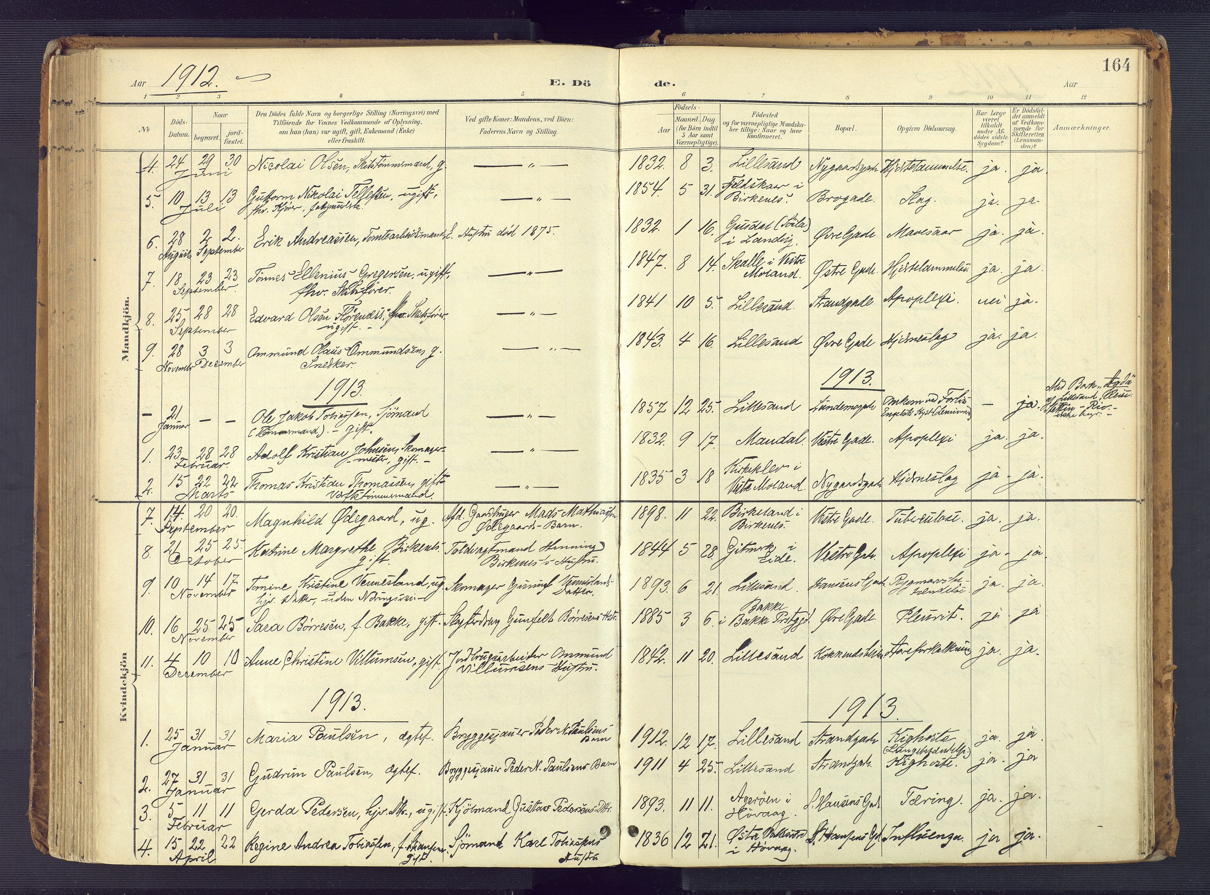 Vestre Moland sokneprestkontor, AV/SAK-1111-0046/F/Fa/Faa/L0002: Parish register (official) no. A 2, 1900-1926, p. 164