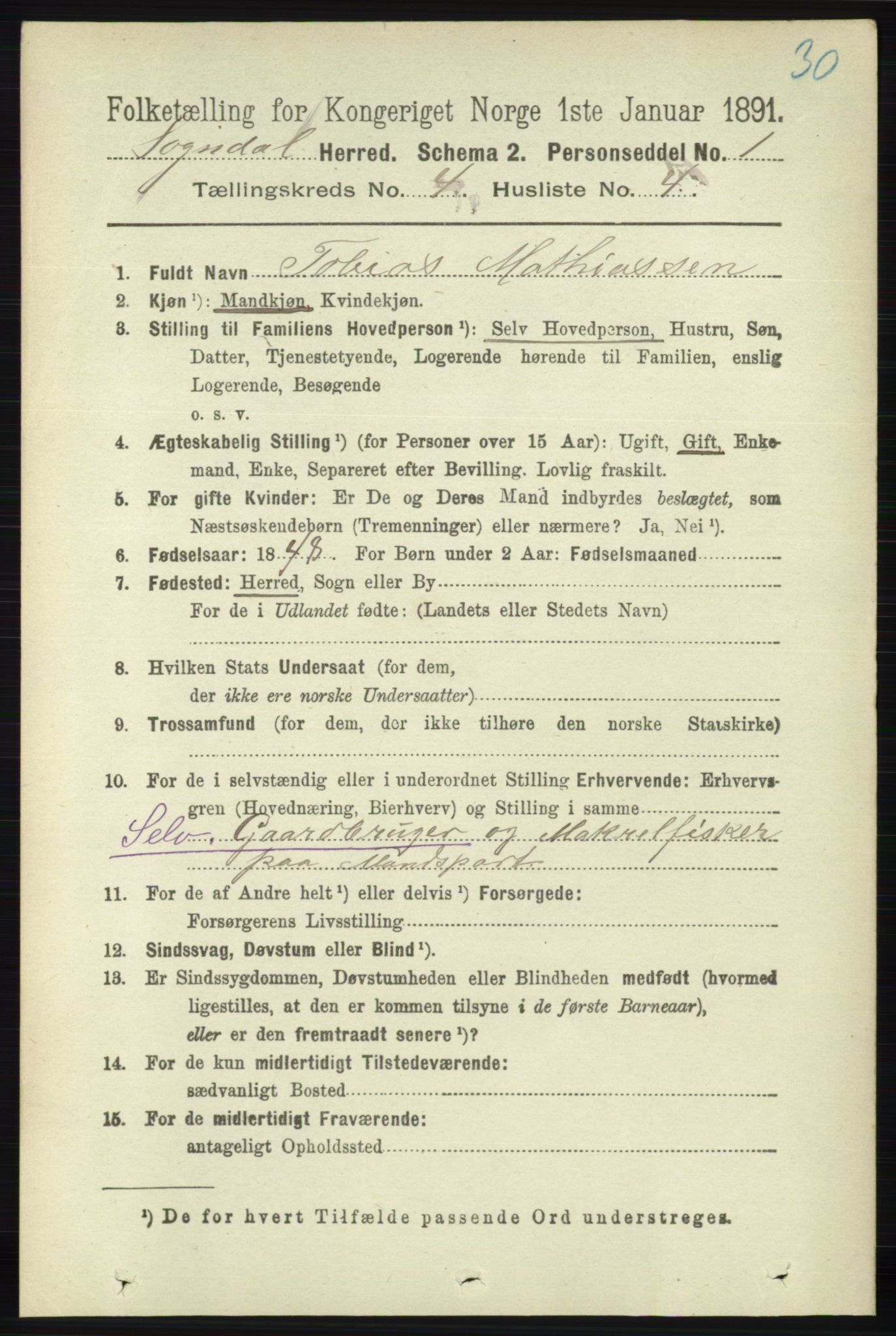 RA, 1891 census for 1111 Sokndal, 1891, p. 1015