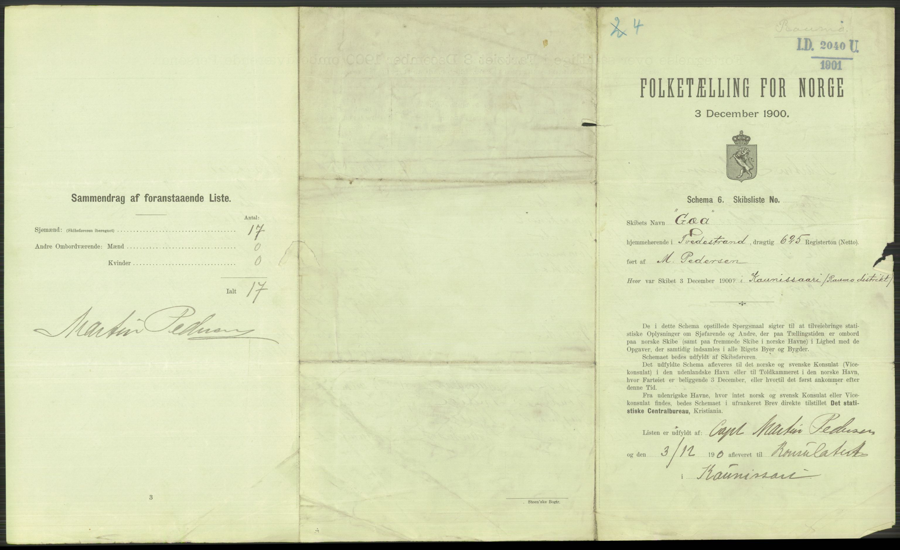 RA, 1900 Census - ship lists from ships in Norwegian harbours, harbours abroad and at sea, 1900, p. 3661