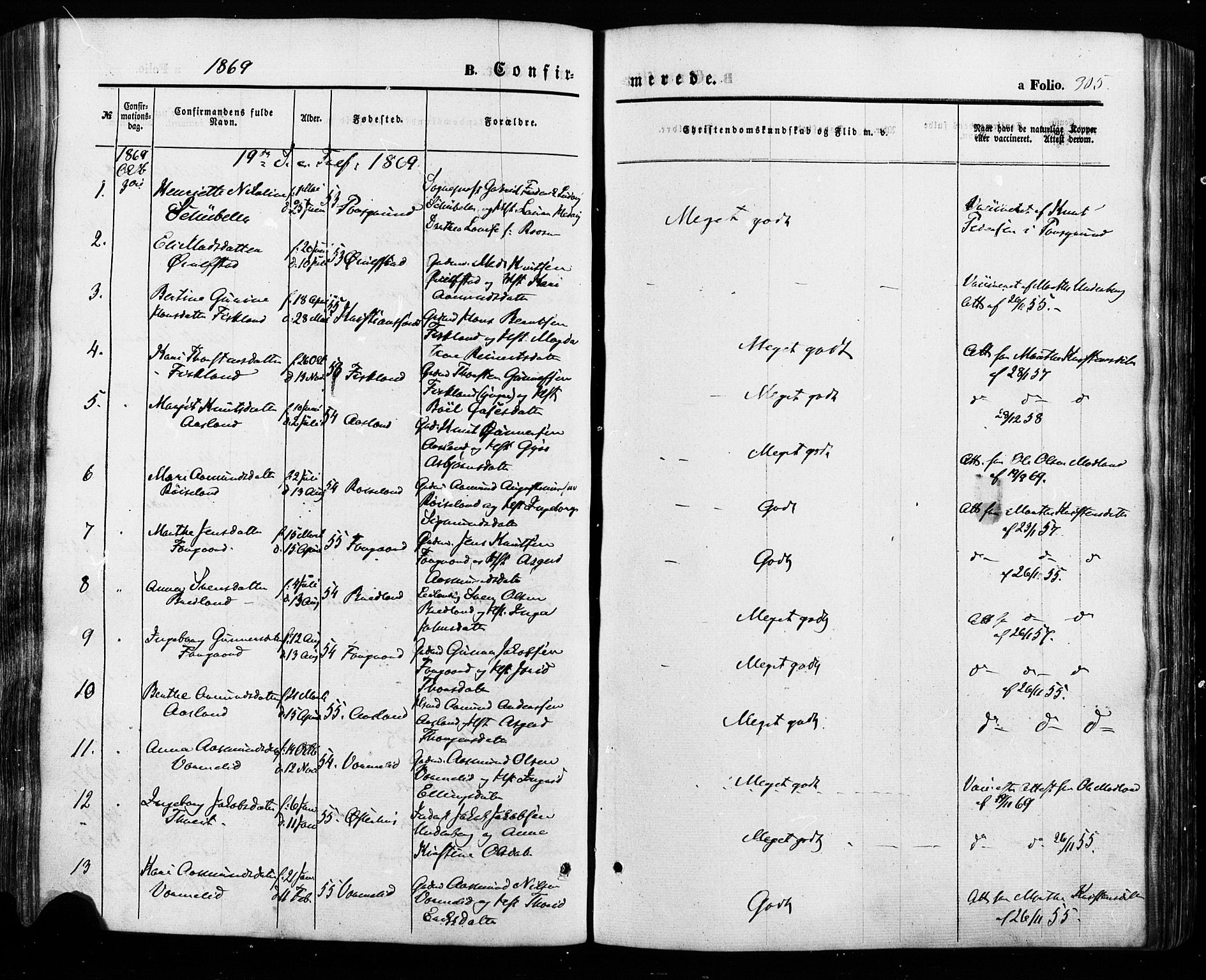 Åseral sokneprestkontor, AV/SAK-1111-0051/F/Fa/L0002: Parish register (official) no. A 2, 1854-1884, p. 305