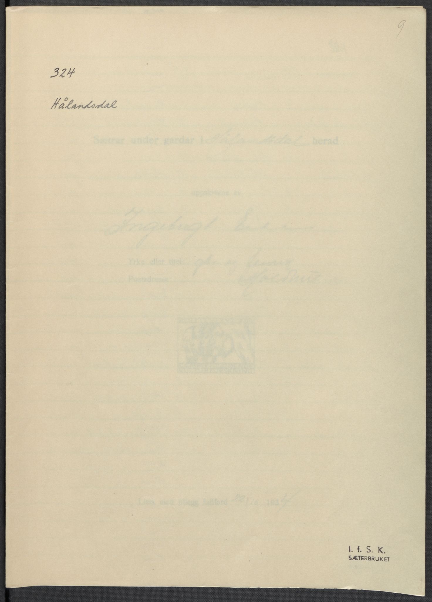 Instituttet for sammenlignende kulturforskning, AV/RA-PA-0424/F/Fc/L0010/0001: Eske B10: / Hordaland (perm XXV), 1932-1939, p. 9