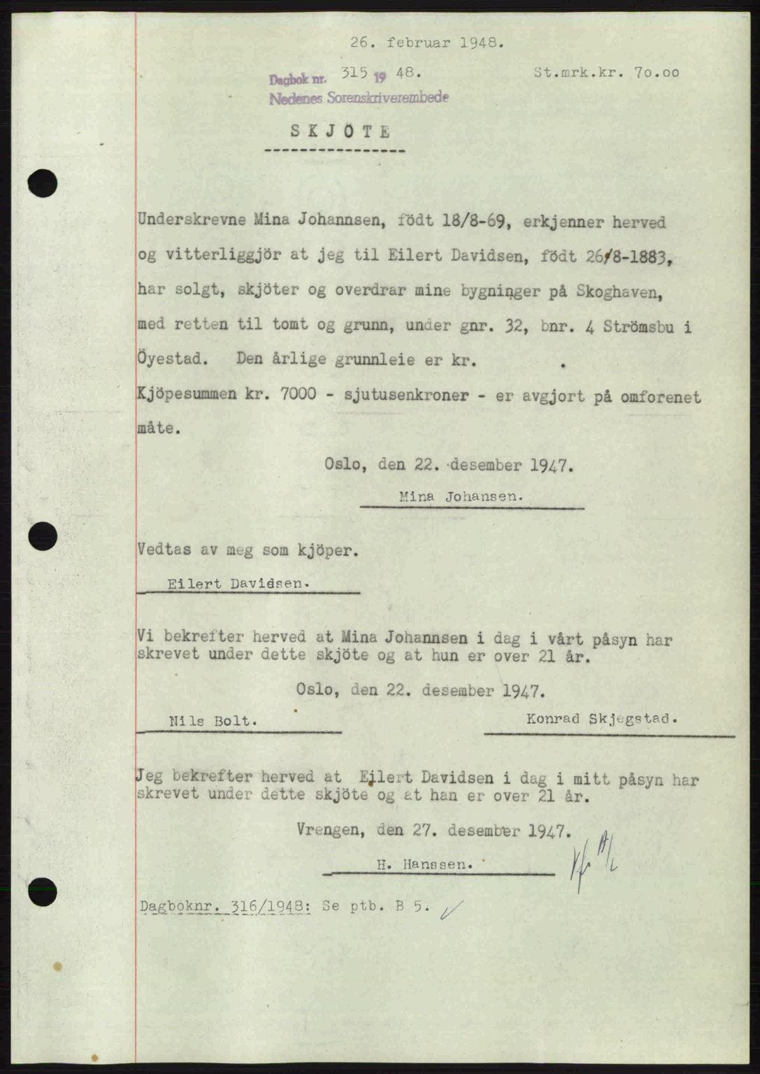 Nedenes sorenskriveri, AV/SAK-1221-0006/G/Gb/Gba/L0058: Mortgage book no. A10, 1947-1948, Diary no: : 315/1948