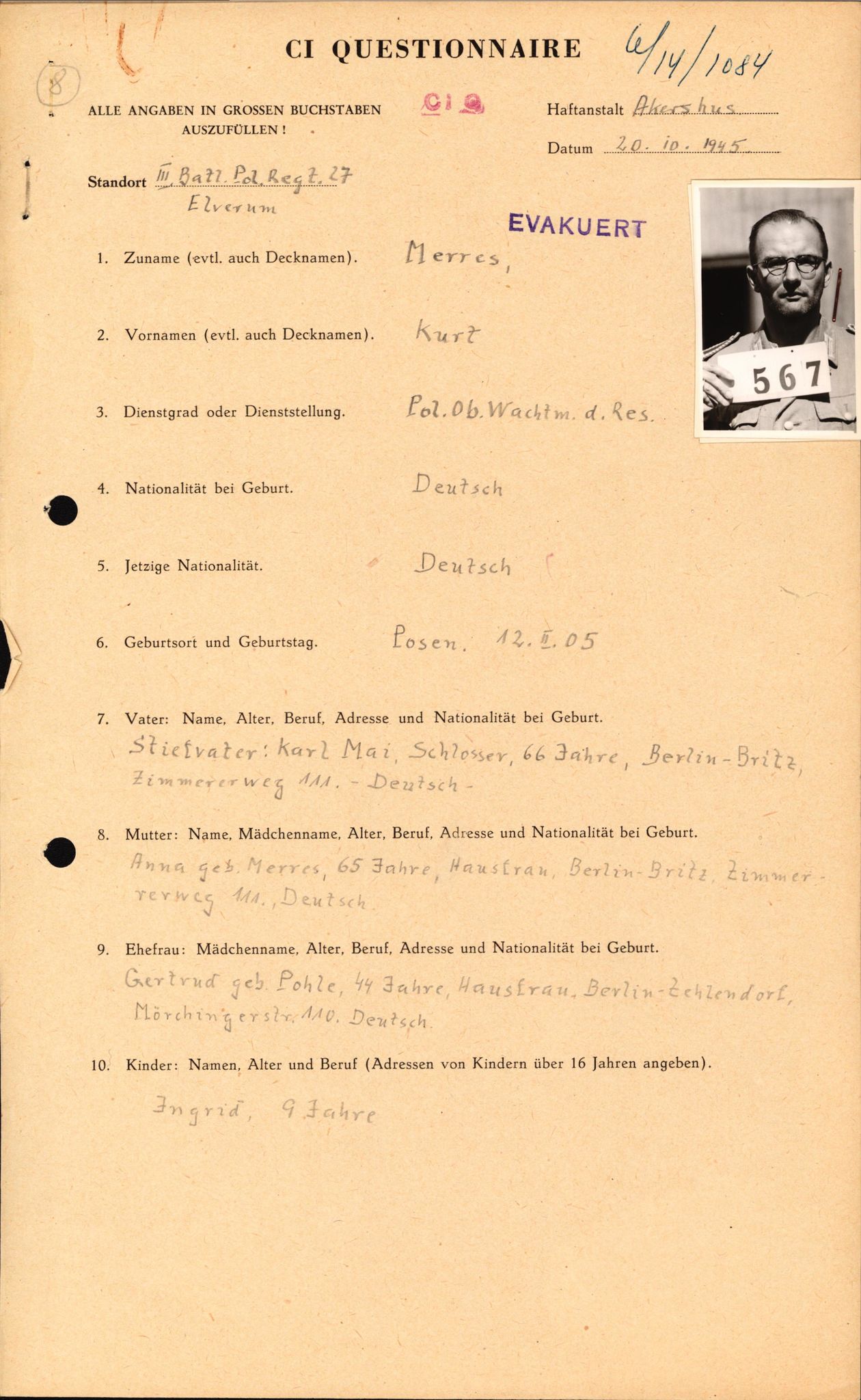 Forsvaret, Forsvarets overkommando II, AV/RA-RAFA-3915/D/Db/L0021: CI Questionaires. Tyske okkupasjonsstyrker i Norge. Tyskere., 1945-1946, p. 408