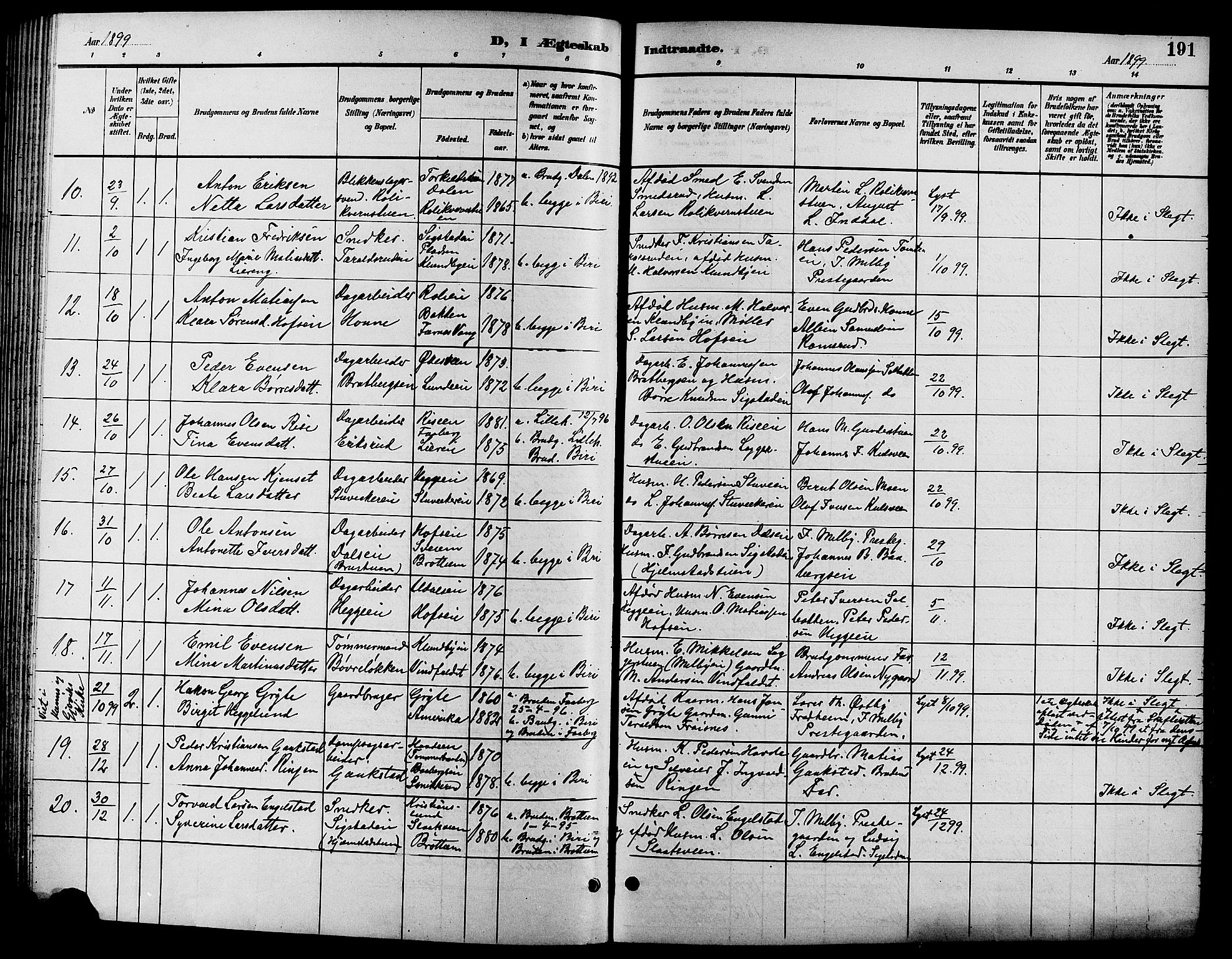 Biri prestekontor, SAH/PREST-096/H/Ha/Hab/L0004: Parish register (copy) no. 4, 1892-1909, p. 191