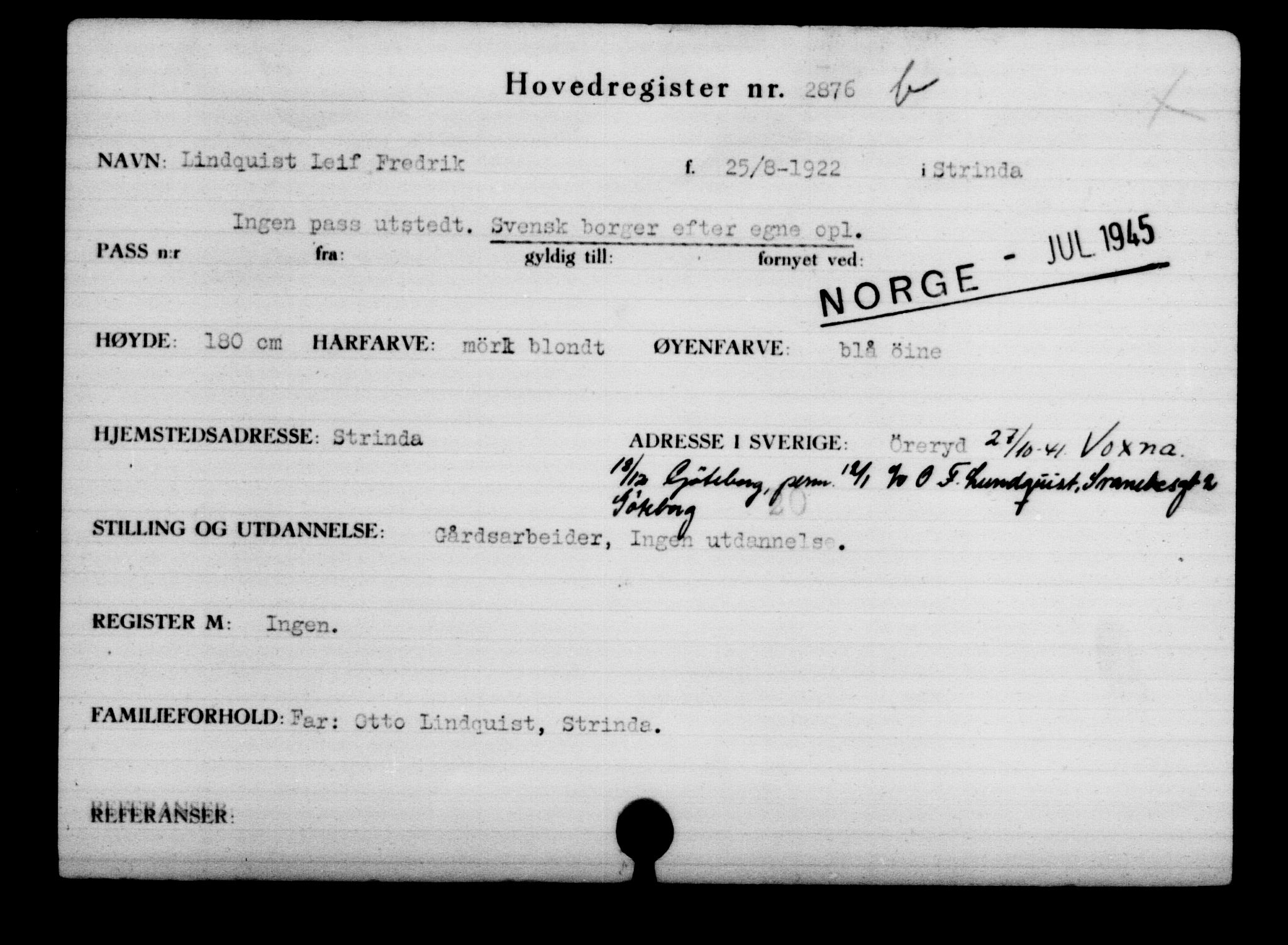 Utenriksstasjonene, Legasjonen i Stockholm, Flyktningkontoret, AV/RA-S-6753/V/Va/L0003: Kjesäterkartoteket, flyktninger med registreringsnr. 2001-3495, 1940-1945, p. 1277