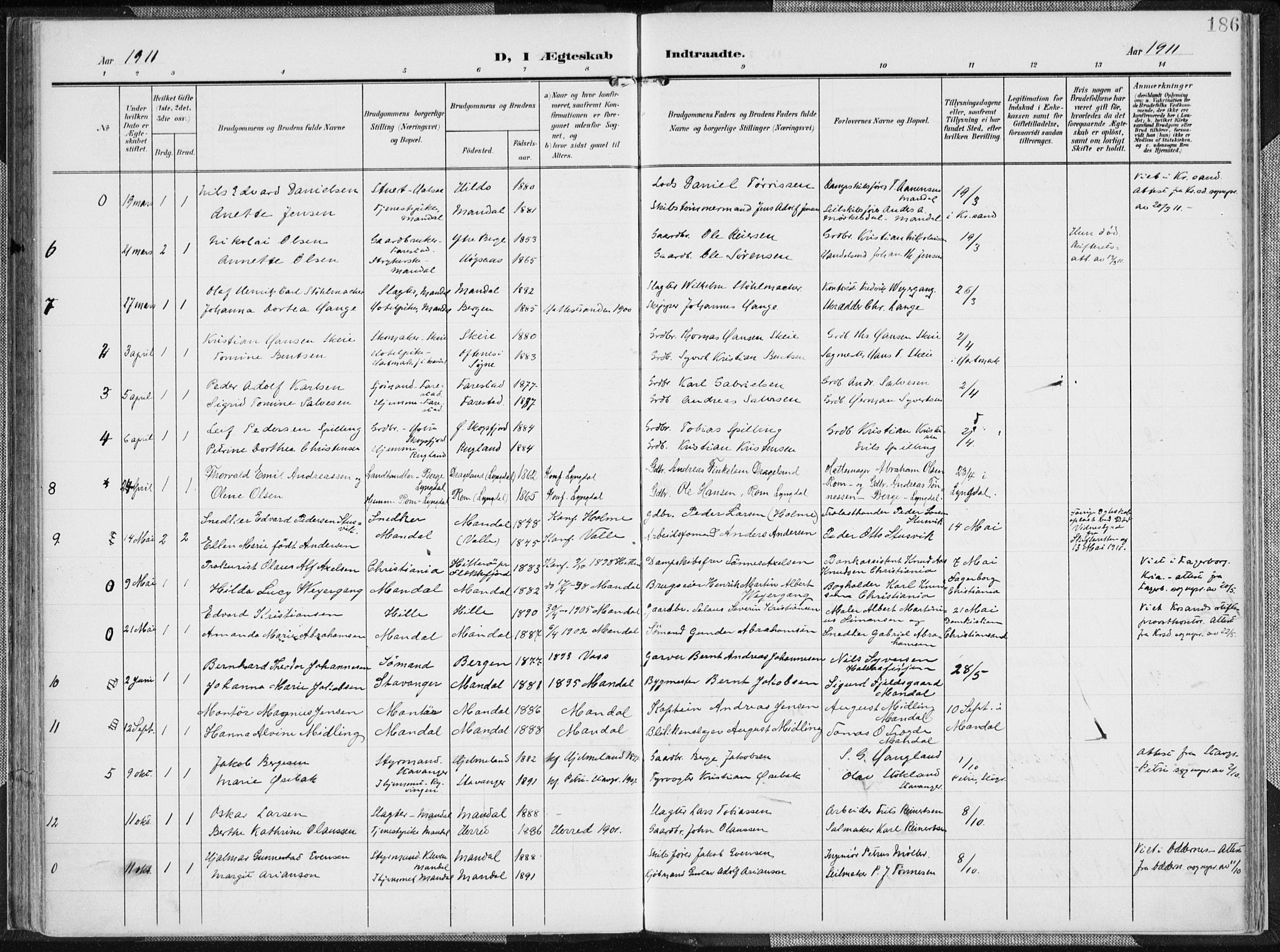 Mandal sokneprestkontor, AV/SAK-1111-0030/F/Fa/Faa/L0020: Parish register (official) no. A 20, 1906-1912, p. 186