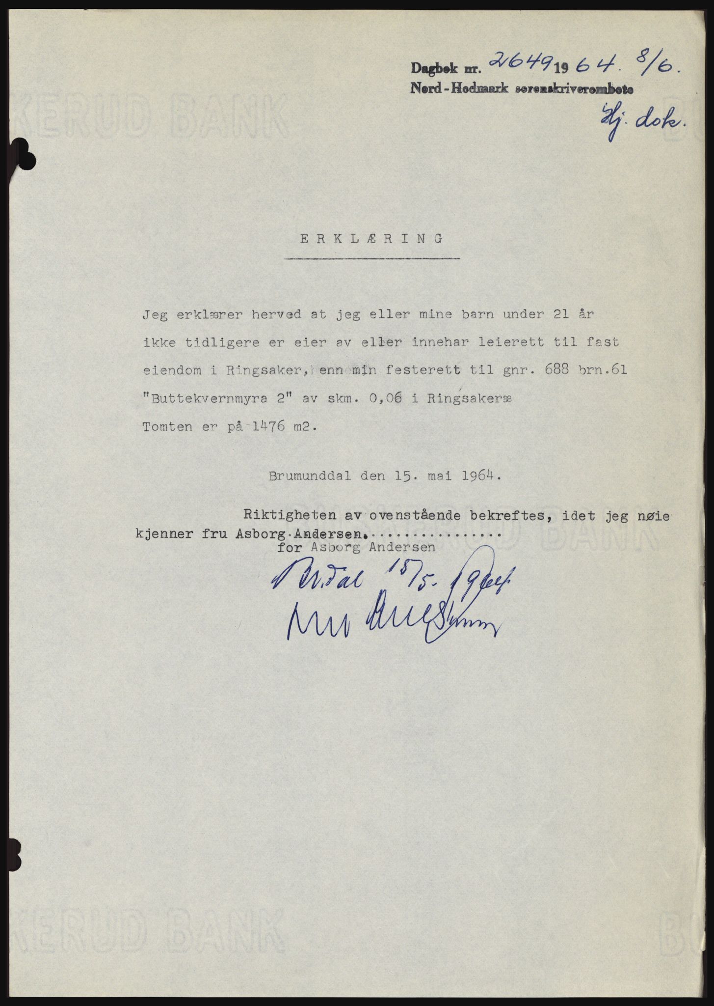 Nord-Hedmark sorenskriveri, SAH/TING-012/H/Hc/L0019: Mortgage book no. 19, 1963-1964, Diary no: : 2649/1964