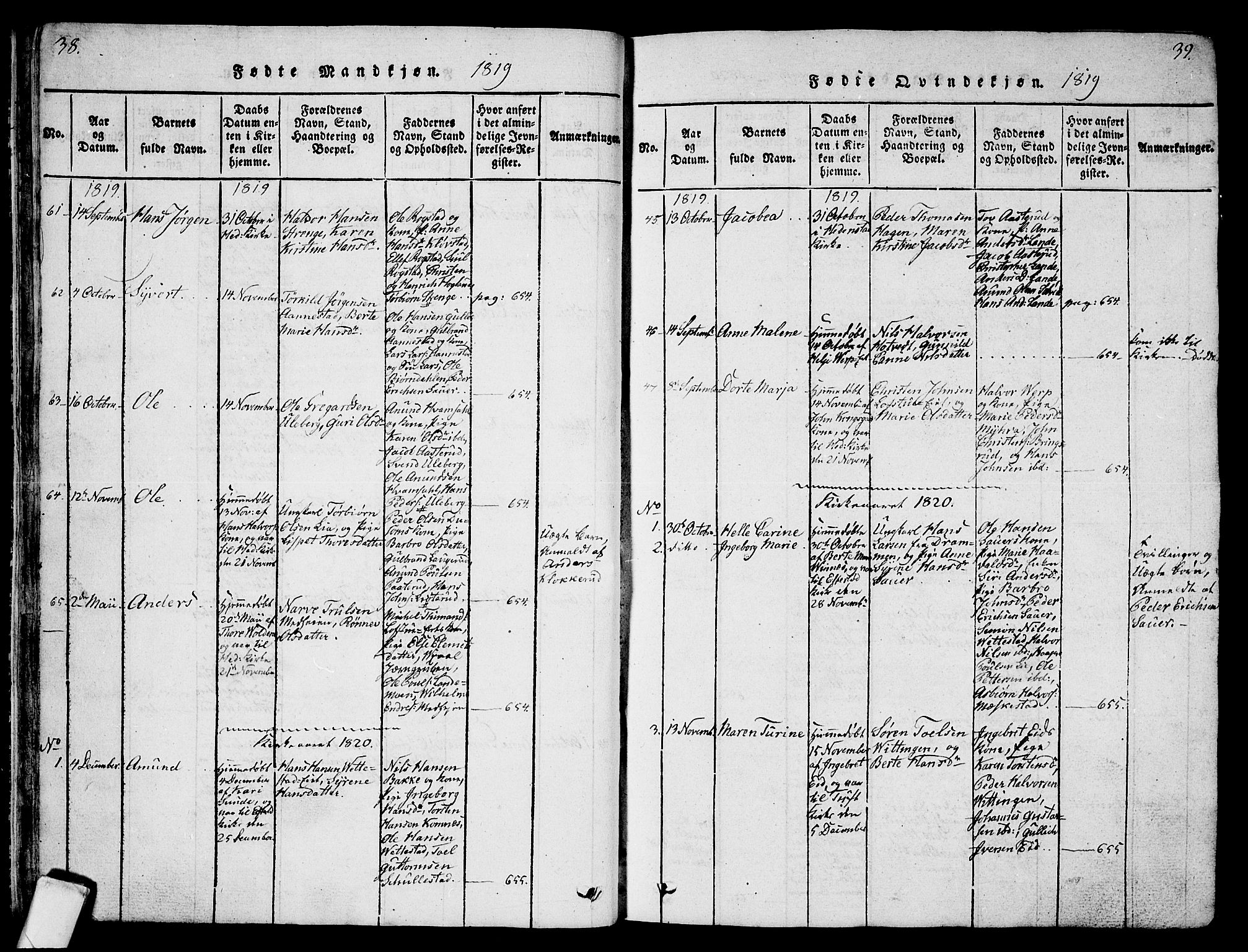 Sandsvær kirkebøker, AV/SAKO-A-244/G/Ga/L0003: Parish register (copy) no. I 3, 1817-1839, p. 38-39