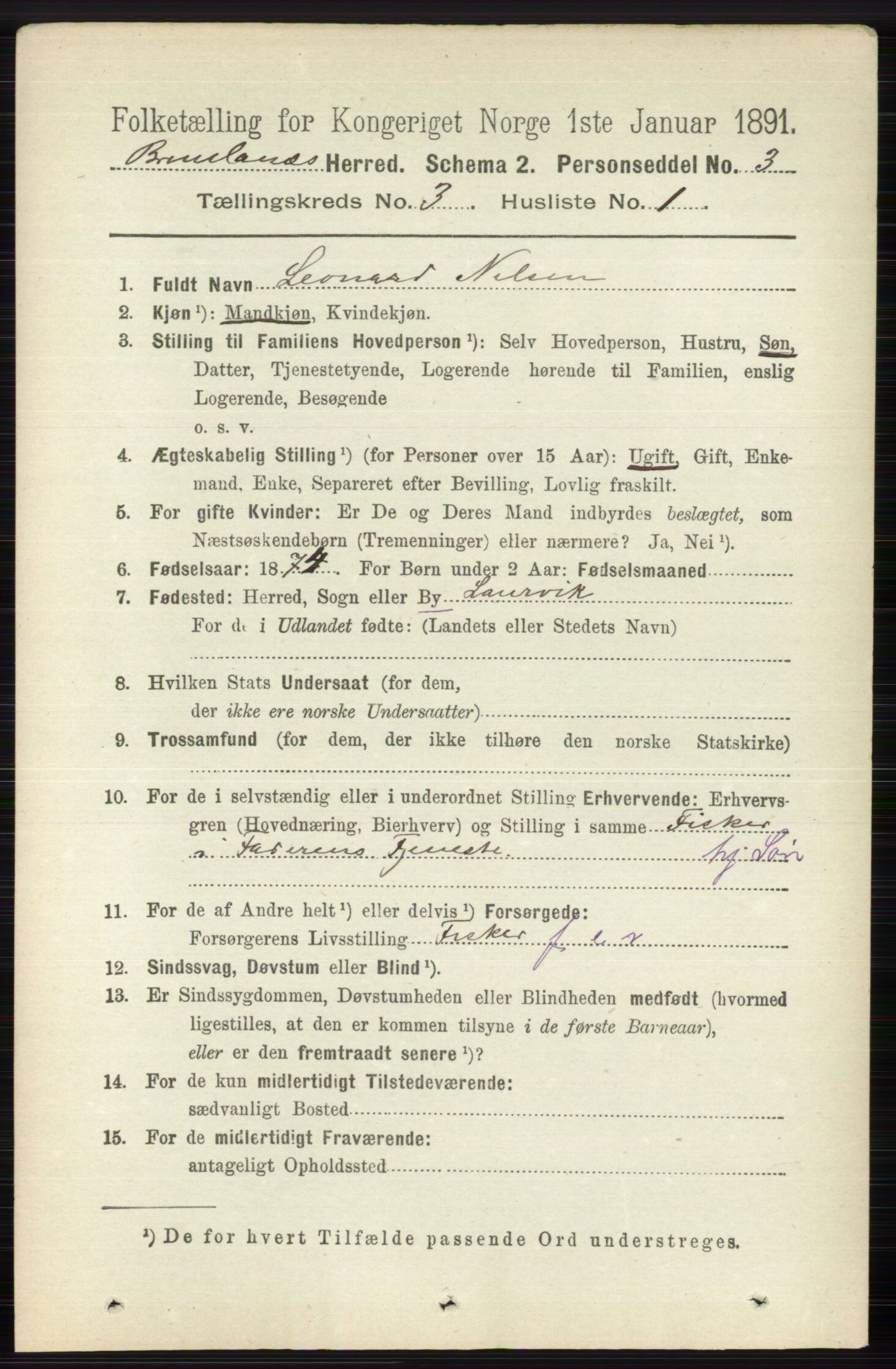 RA, 1891 census for 0726 Brunlanes, 1891, p. 1353