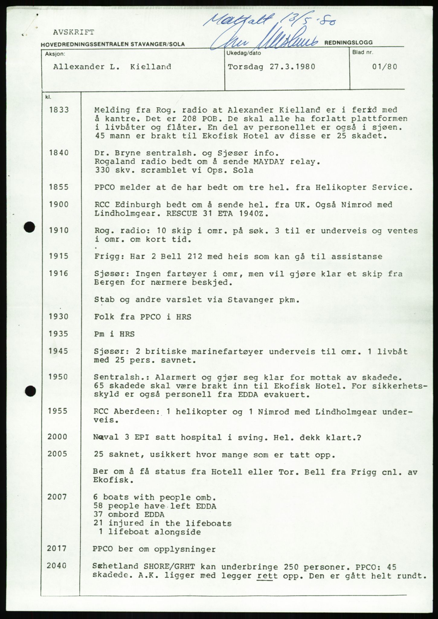 Justisdepartementet, Granskningskommisjonen ved Alexander Kielland-ulykken 27.3.1980, AV/RA-S-1165/D/L0017: P Hjelpefartøy (Doku.liste + P1-P6 av 6)/Q Hovedredningssentralen (Q0-Q27 av 27), 1980-1981, p. 542