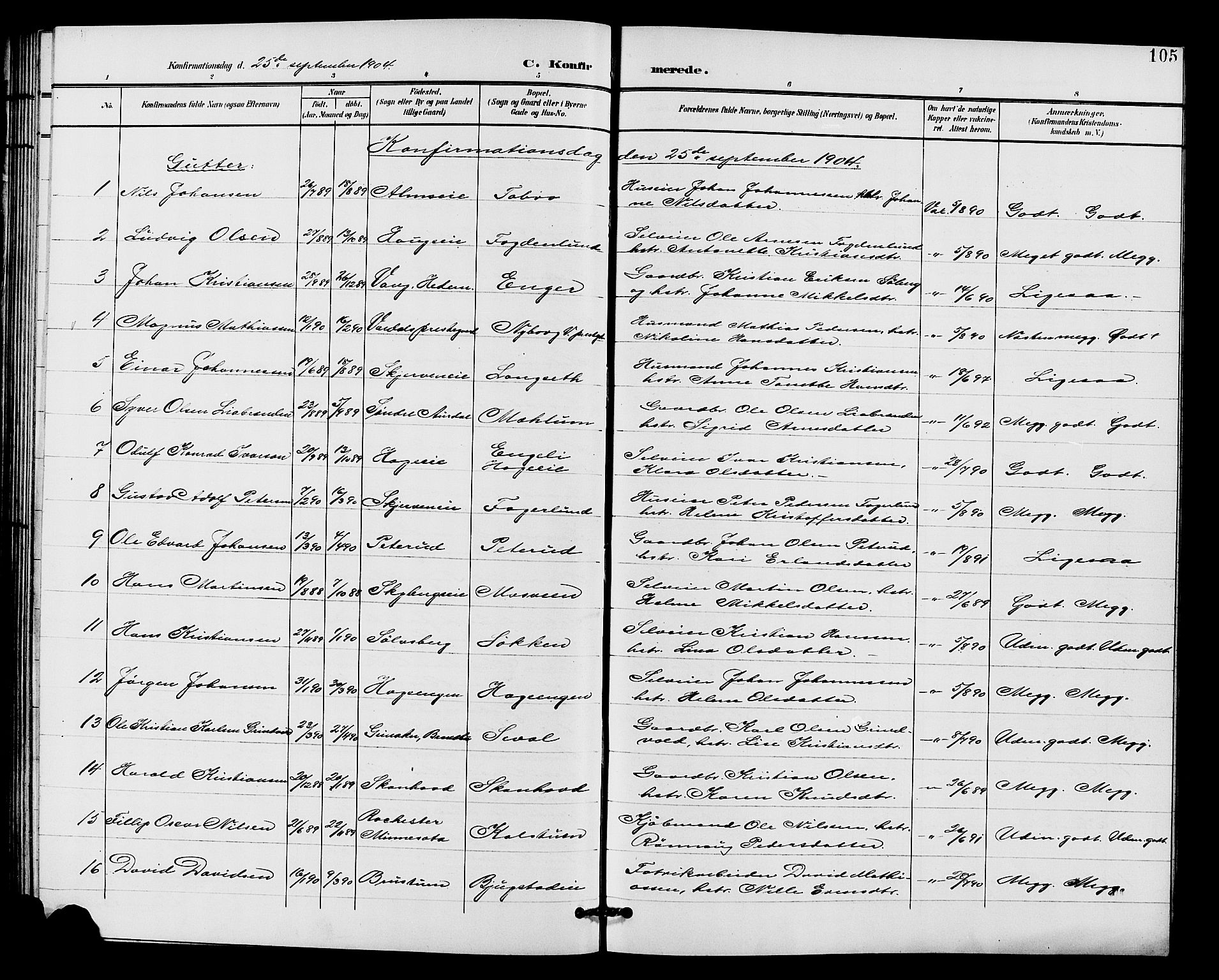 Vardal prestekontor, SAH/PREST-100/H/Ha/Hab/L0011: Parish register (copy) no. 11, 1899-1913, p. 105