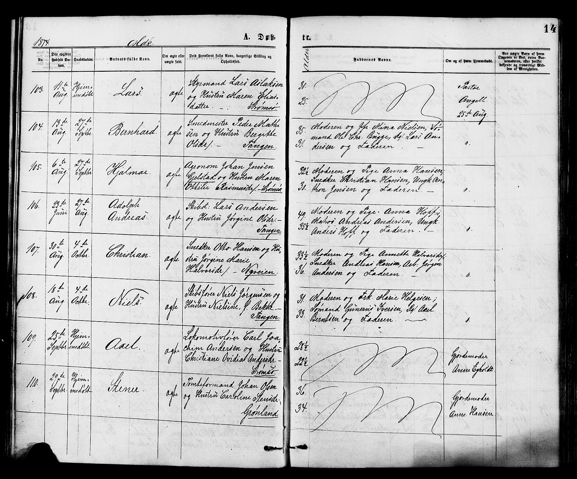 Strømsø kirkebøker, AV/SAKO-A-246/F/Fa/L0019: Parish register (official) no. I 19, 1874-1877, p. 14