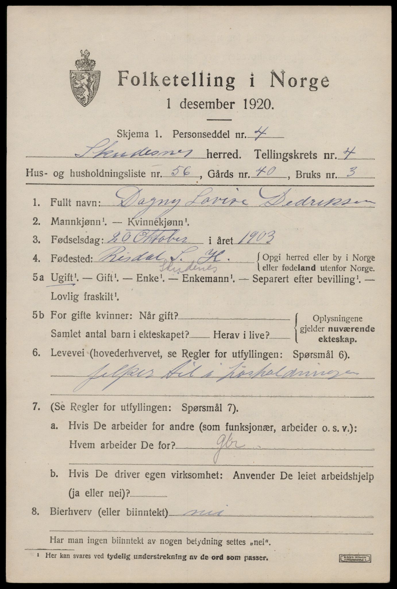 SAST, 1920 census for Skudenes, 1920, p. 3994