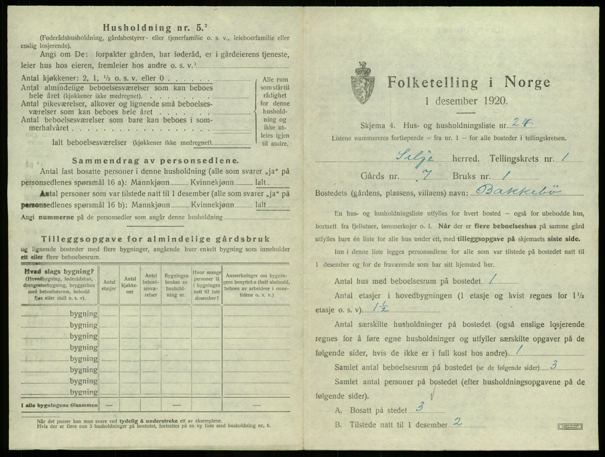 SAB, 1920 census for Selje, 1920, p. 117