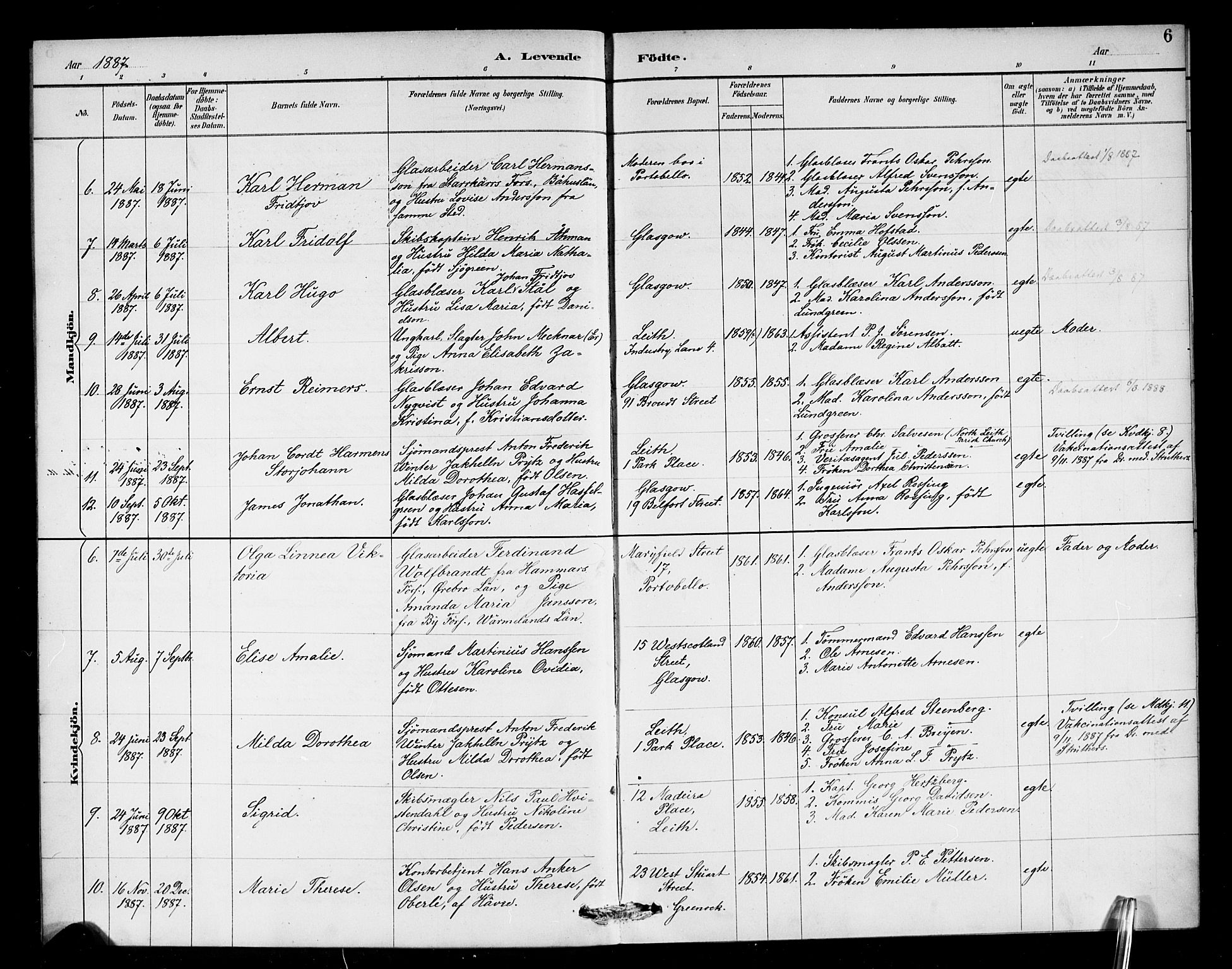Den norske sjømannsmisjon i utlandet/Skotske havner (Leith, Glasgow), SAB/SAB/PA-0100/H/Ha/Haa/L0003: Parish register (official) no. A 3, 1887-1898, p. 6