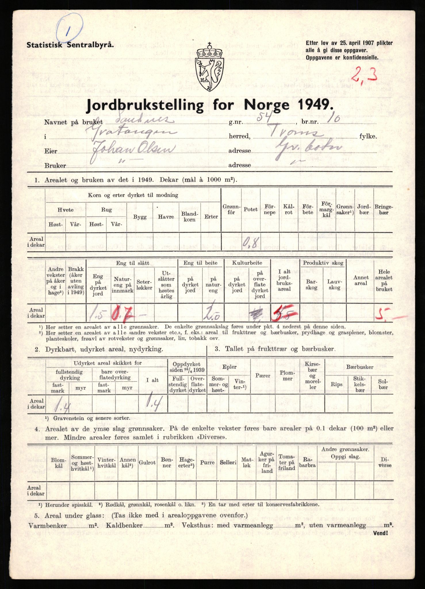 Statistisk sentralbyrå, Næringsøkonomiske emner, Jordbruk, skogbruk, jakt, fiske og fangst, AV/RA-S-2234/G/Gc/L0437: Troms: Gratangen og Lavangen, 1949, p. 619
