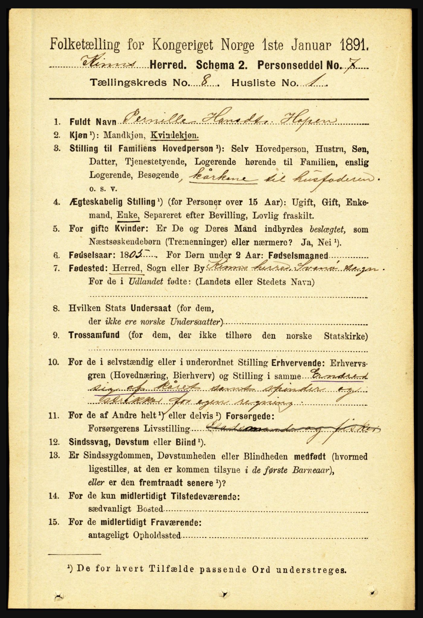 RA, 1891 census for 1437 Kinn, 1891, p. 3112