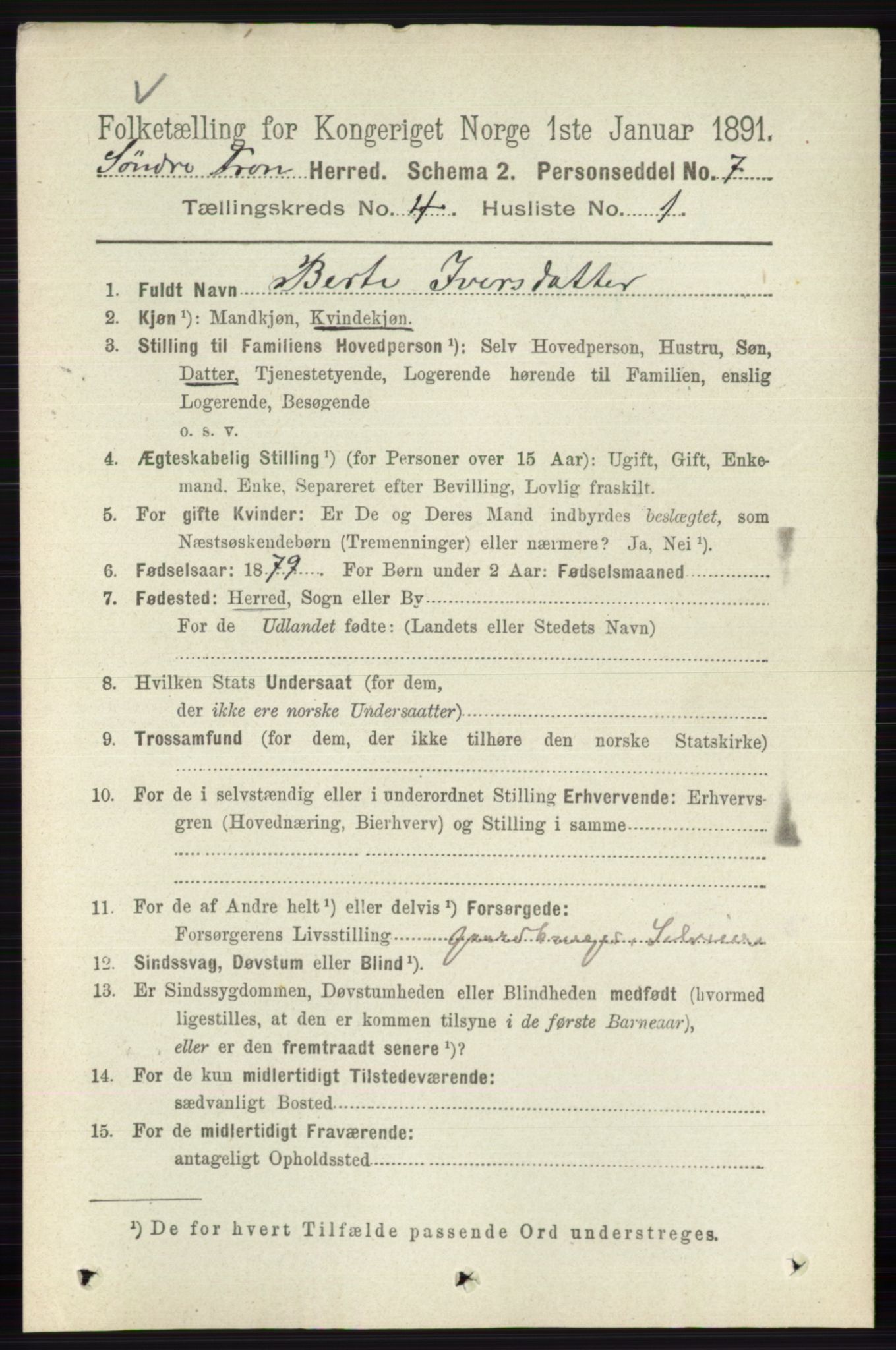 RA, 1891 census for 0519 Sør-Fron, 1891, p. 1421