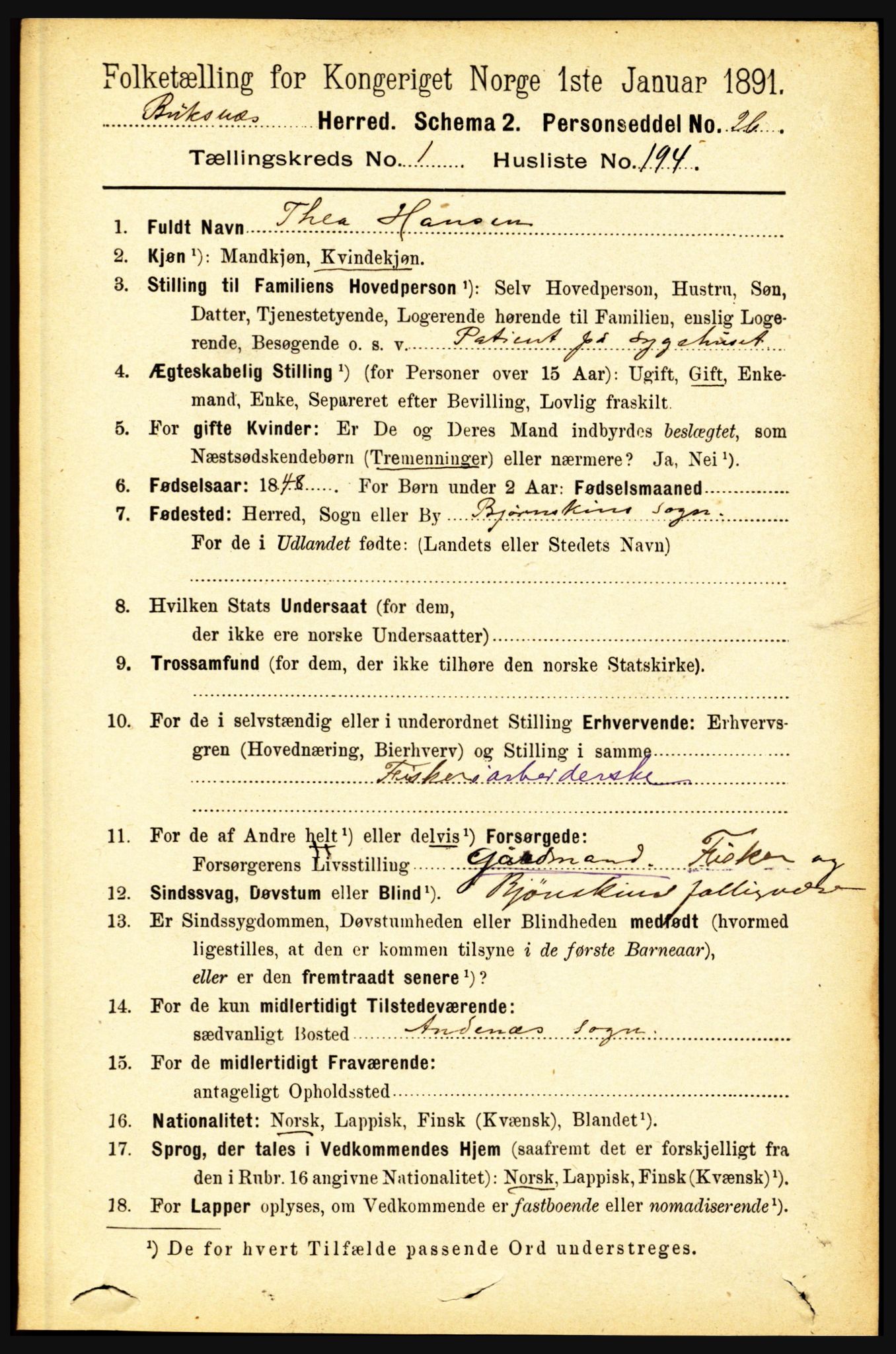 RA, 1891 census for 1860 Buksnes, 1891, p. 1509