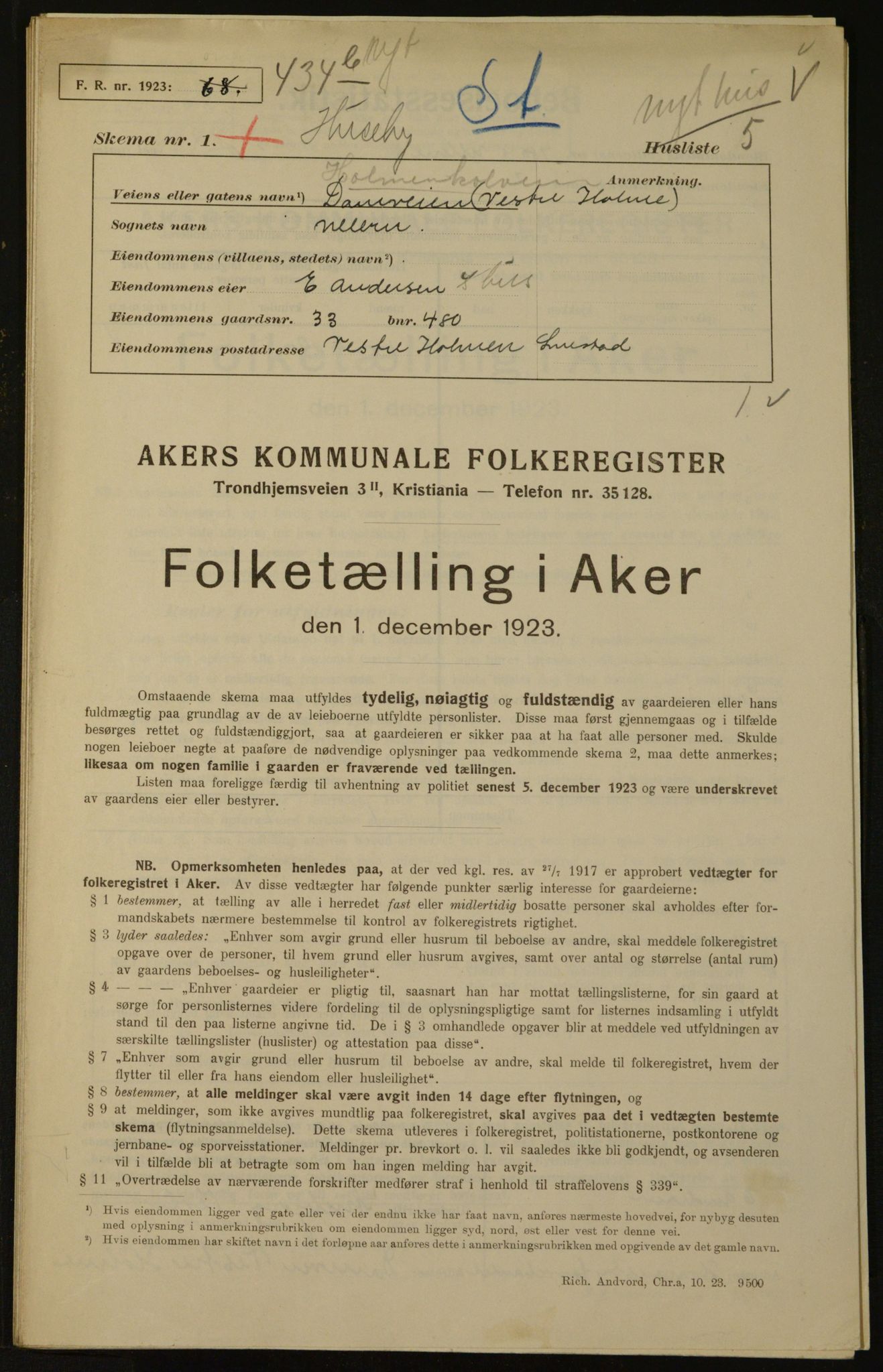 , Municipal Census 1923 for Aker, 1923, p. 2689