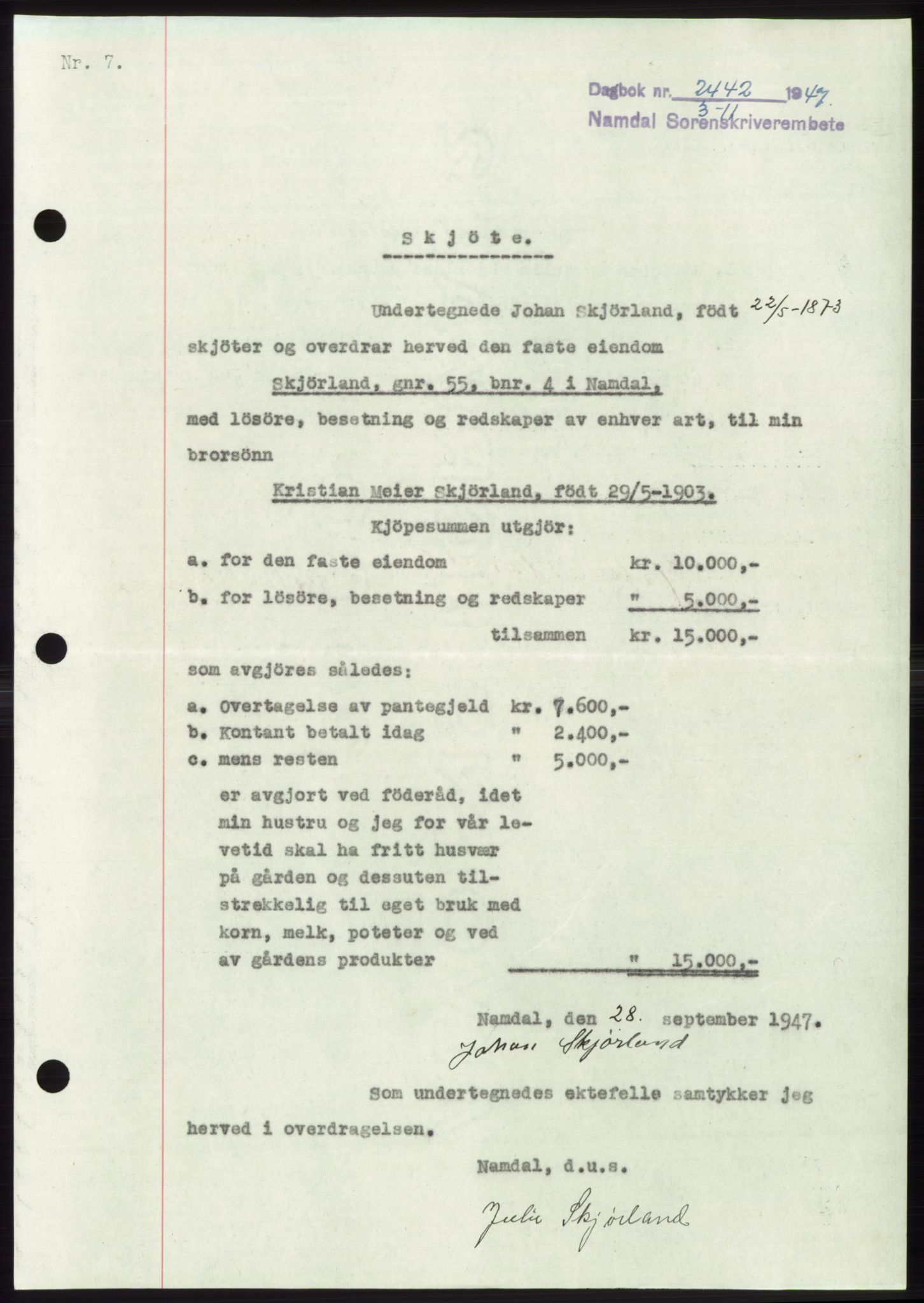 Namdal sorenskriveri, SAT/A-4133/1/2/2C: Mortgage book no. -, 1947-1948, Diary no: : 2442/1947