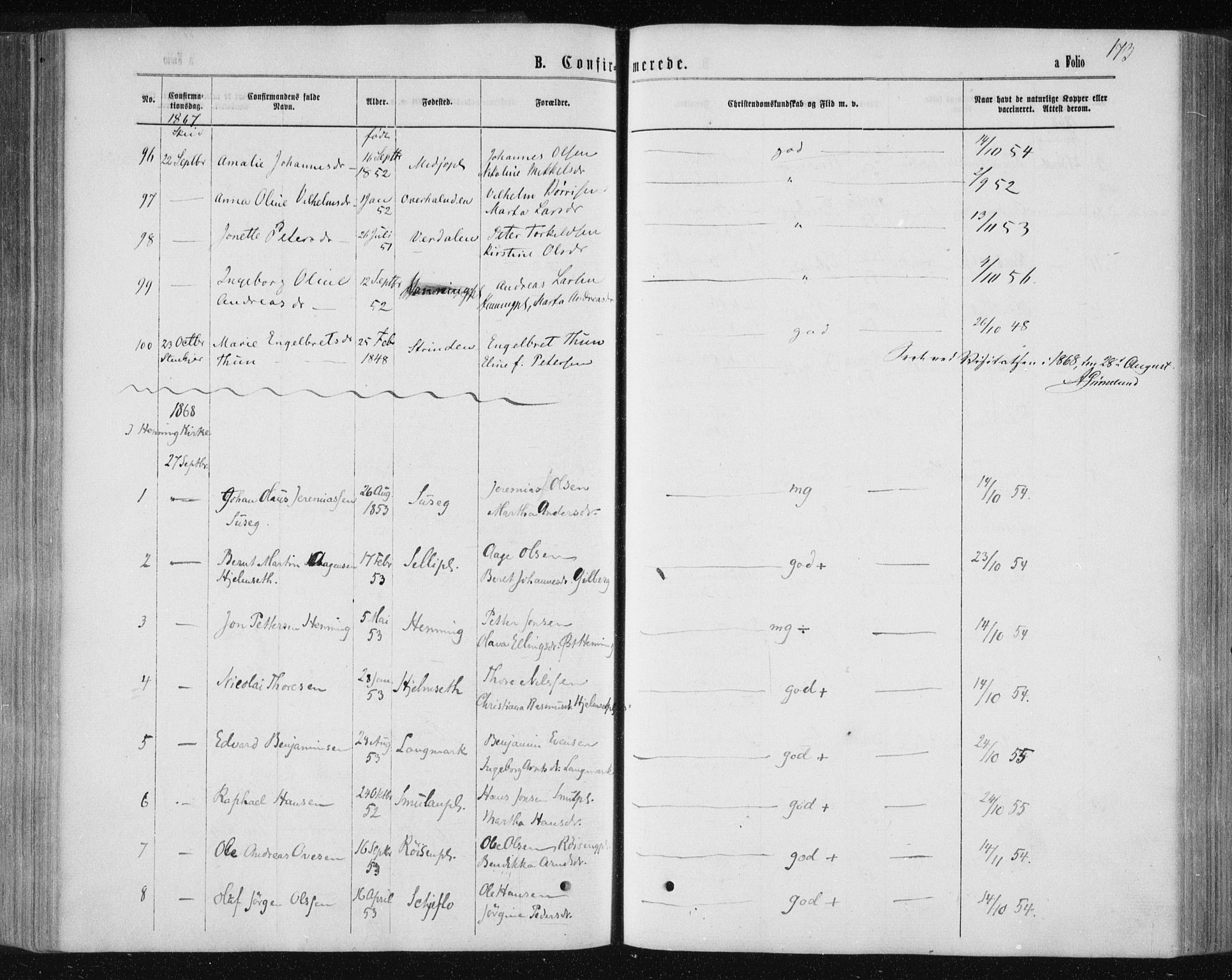Ministerialprotokoller, klokkerbøker og fødselsregistre - Nord-Trøndelag, SAT/A-1458/735/L0345: Parish register (official) no. 735A08 /1, 1863-1872, p. 173