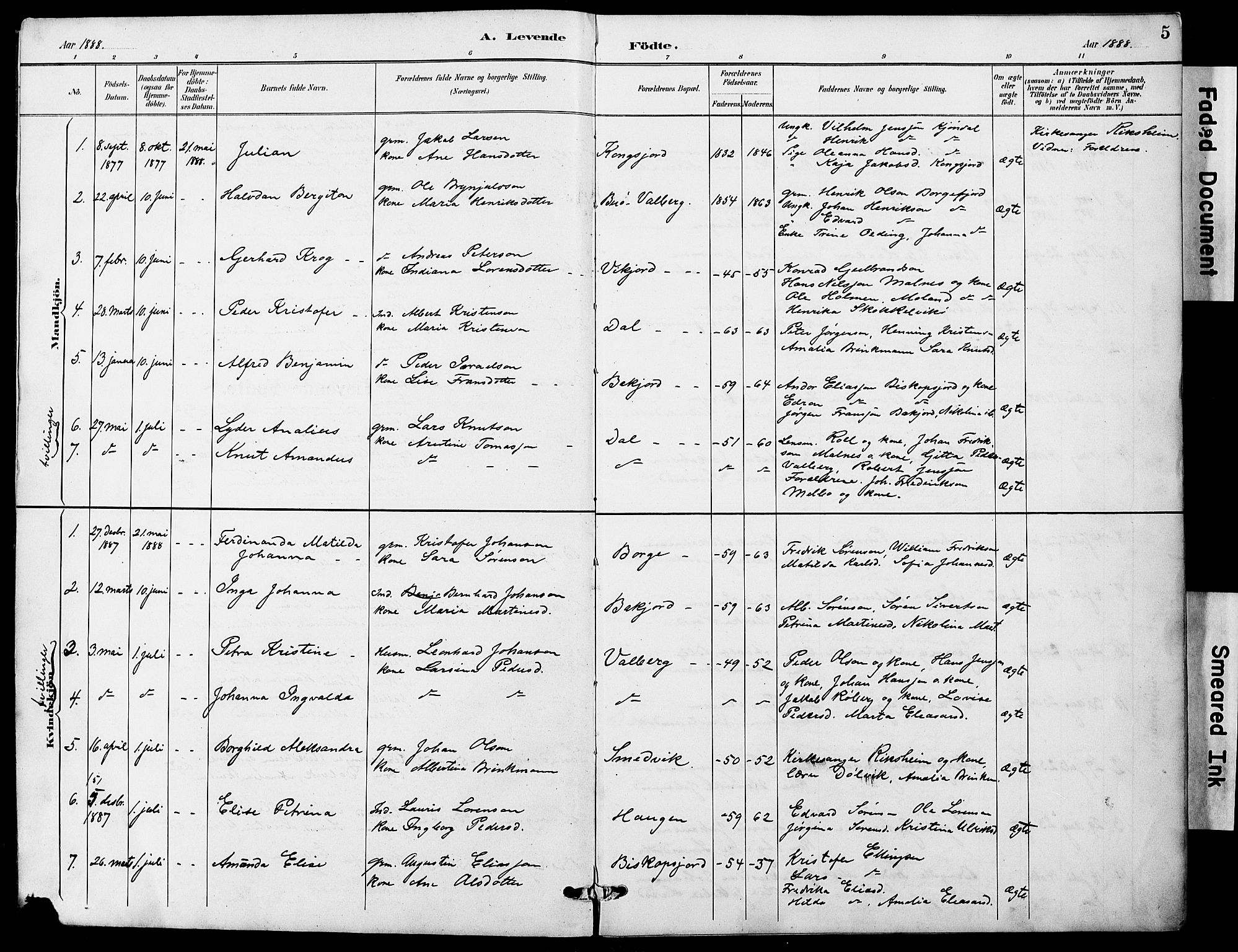 Ministerialprotokoller, klokkerbøker og fødselsregistre - Nordland, AV/SAT-A-1459/884/L1197: Parish register (copy) no. 884C03, 1888-1926, p. 5