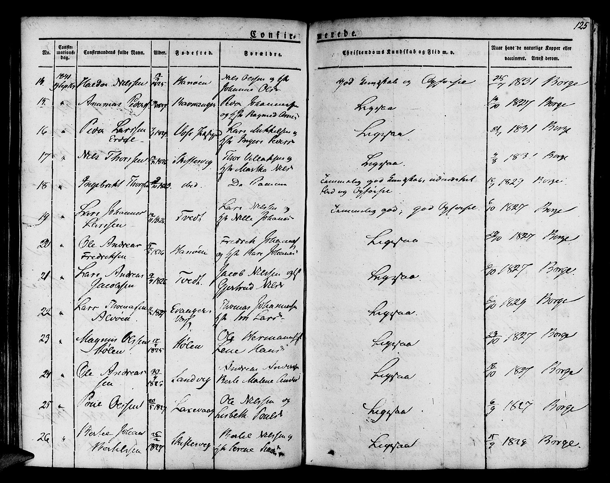 Askøy Sokneprestembete, SAB/A-74101/H/Ha/Haa/Haaa/L0004: Parish register (official) no. A 4, 1825-1845, p. 125