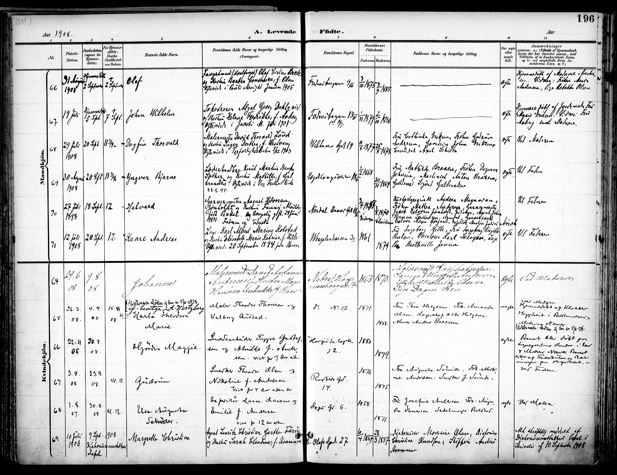 Trefoldighet prestekontor Kirkebøker, SAO/A-10882/F/Fa/L0007: Parish register (official) no. I 7, 1900-1914, p. 196