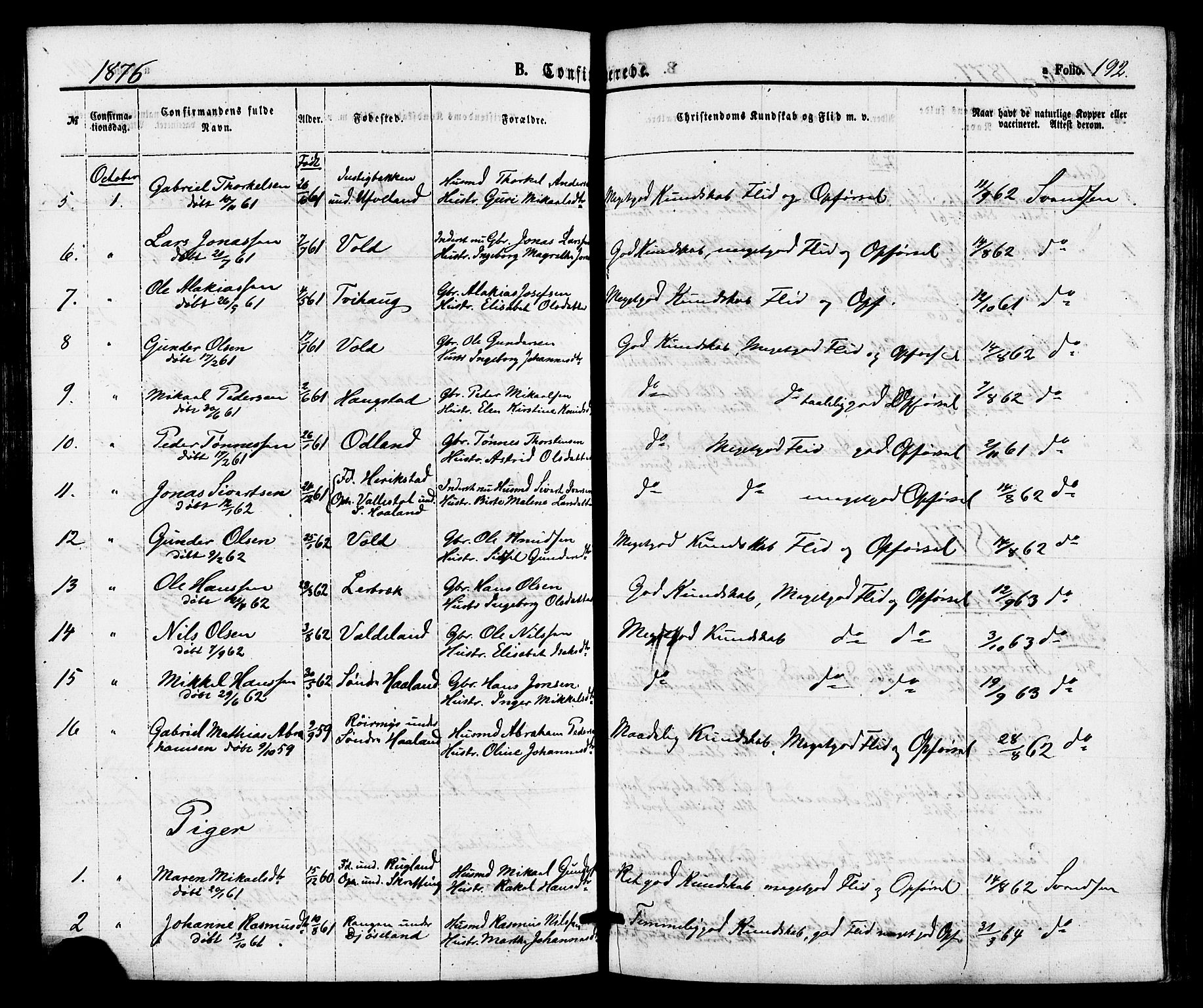 Hå sokneprestkontor, AV/SAST-A-101801/001/30BA/L0009: Parish register (official) no. A 8, 1855-1878, p. 192