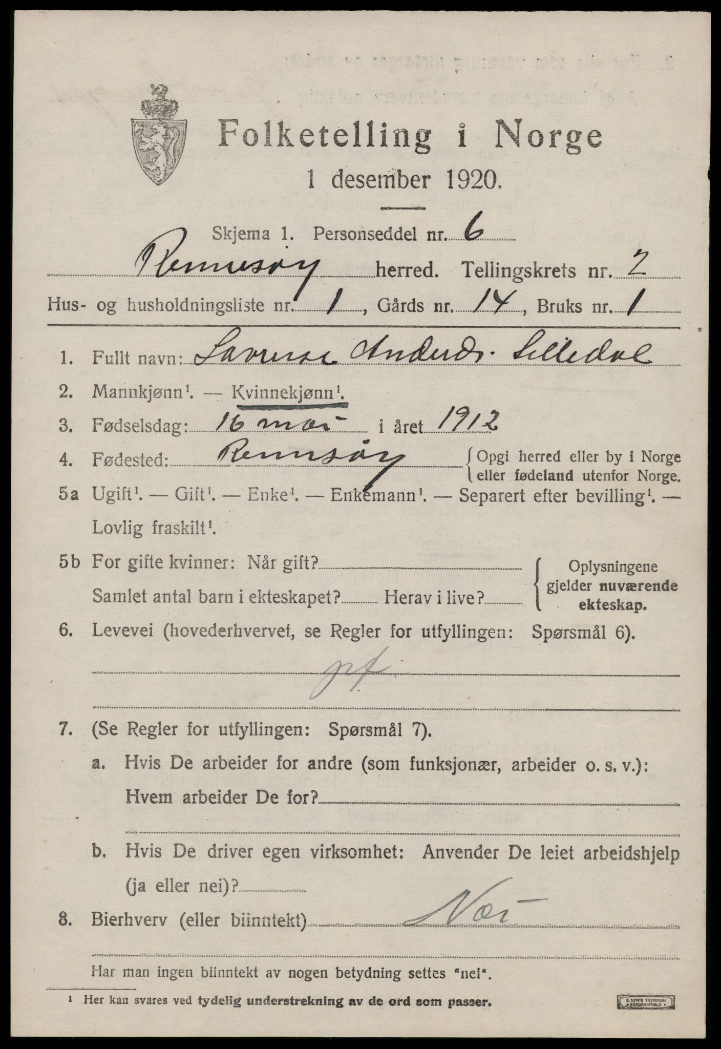 SAST, 1920 census for Rennesøy, 1920, p. 1028