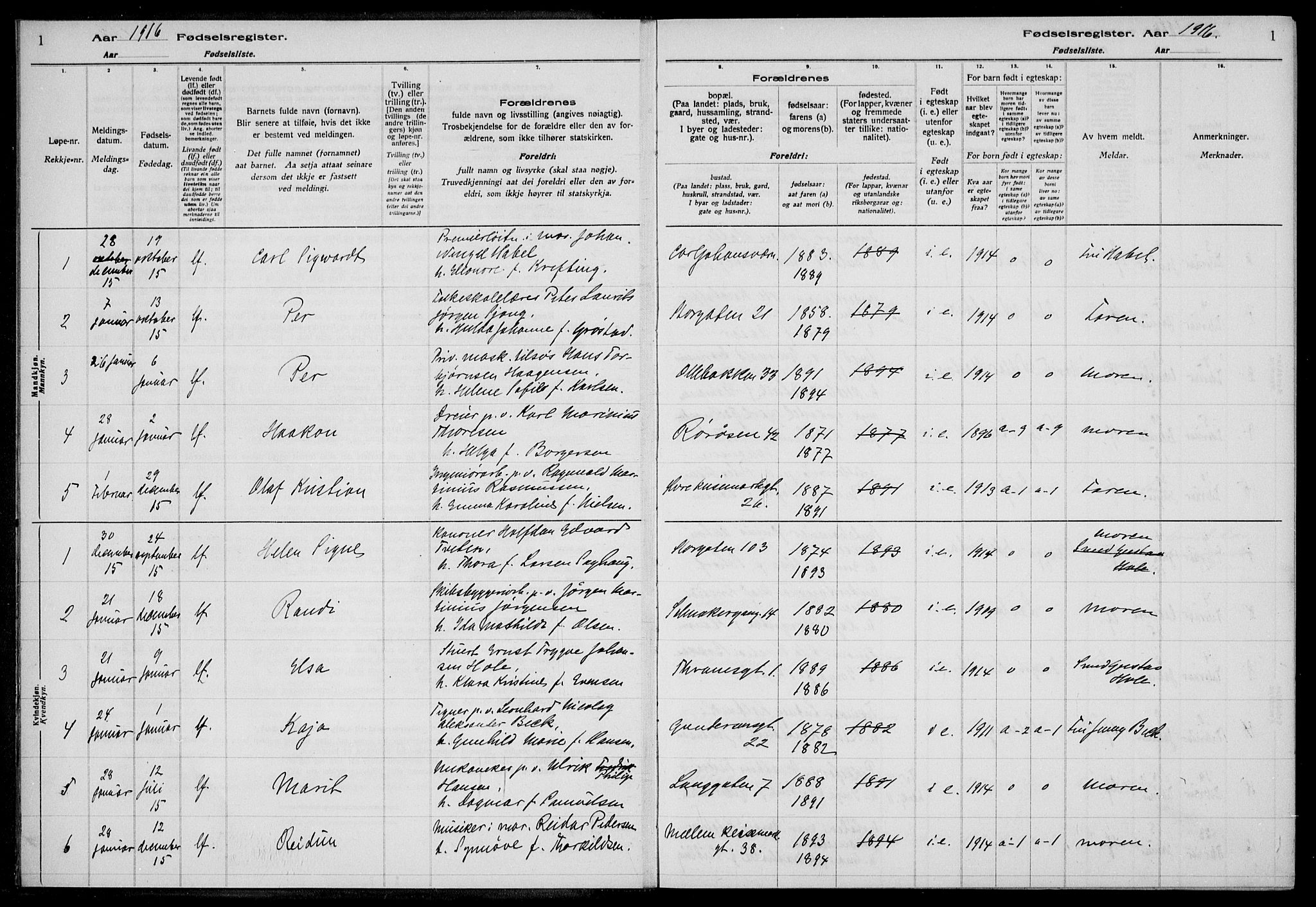 Horten kirkebøker, AV/SAKO-A-348/J/Ja/L0001: Birth register no. 1, 1916-1923, p. 1