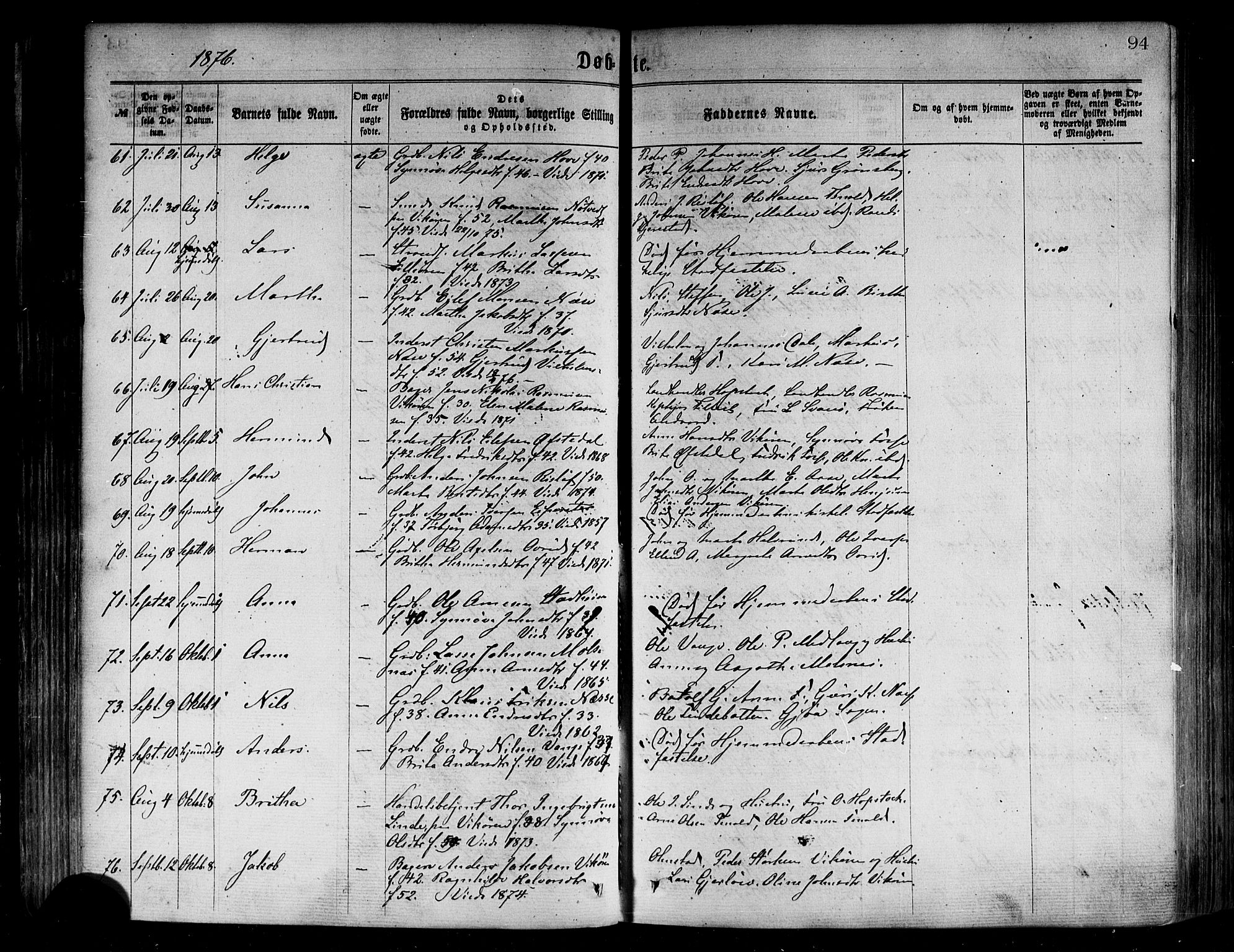 Vik sokneprestembete, AV/SAB-A-81501/H/Haa/Haaa/L0009: Parish register (official) no. A 9, 1866-1877, p. 94