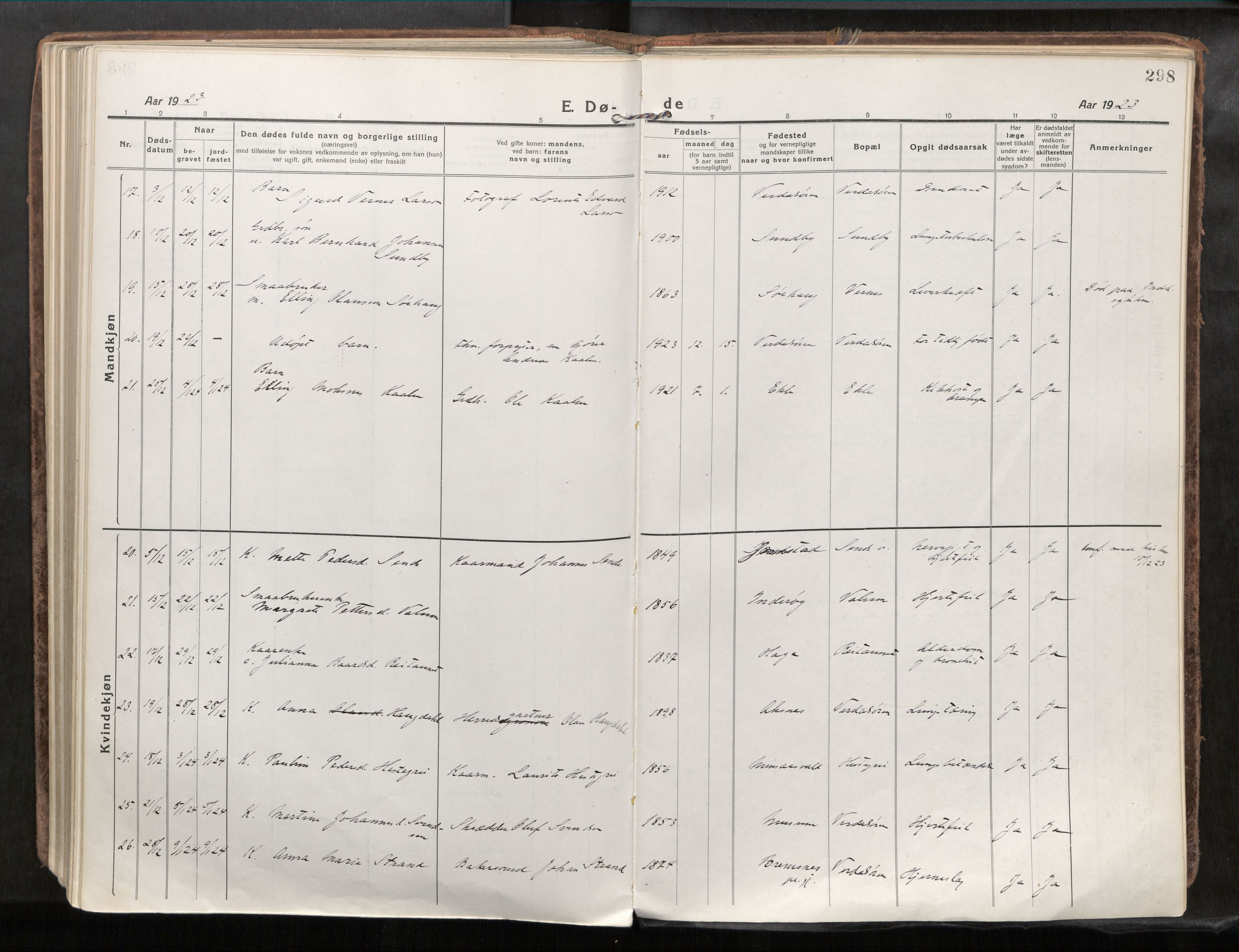 Verdal sokneprestkontor, AV/SAT-A-1156/2/H/Haa/L0001: Parish register (official) no. 1, 1917-1932, p. 298