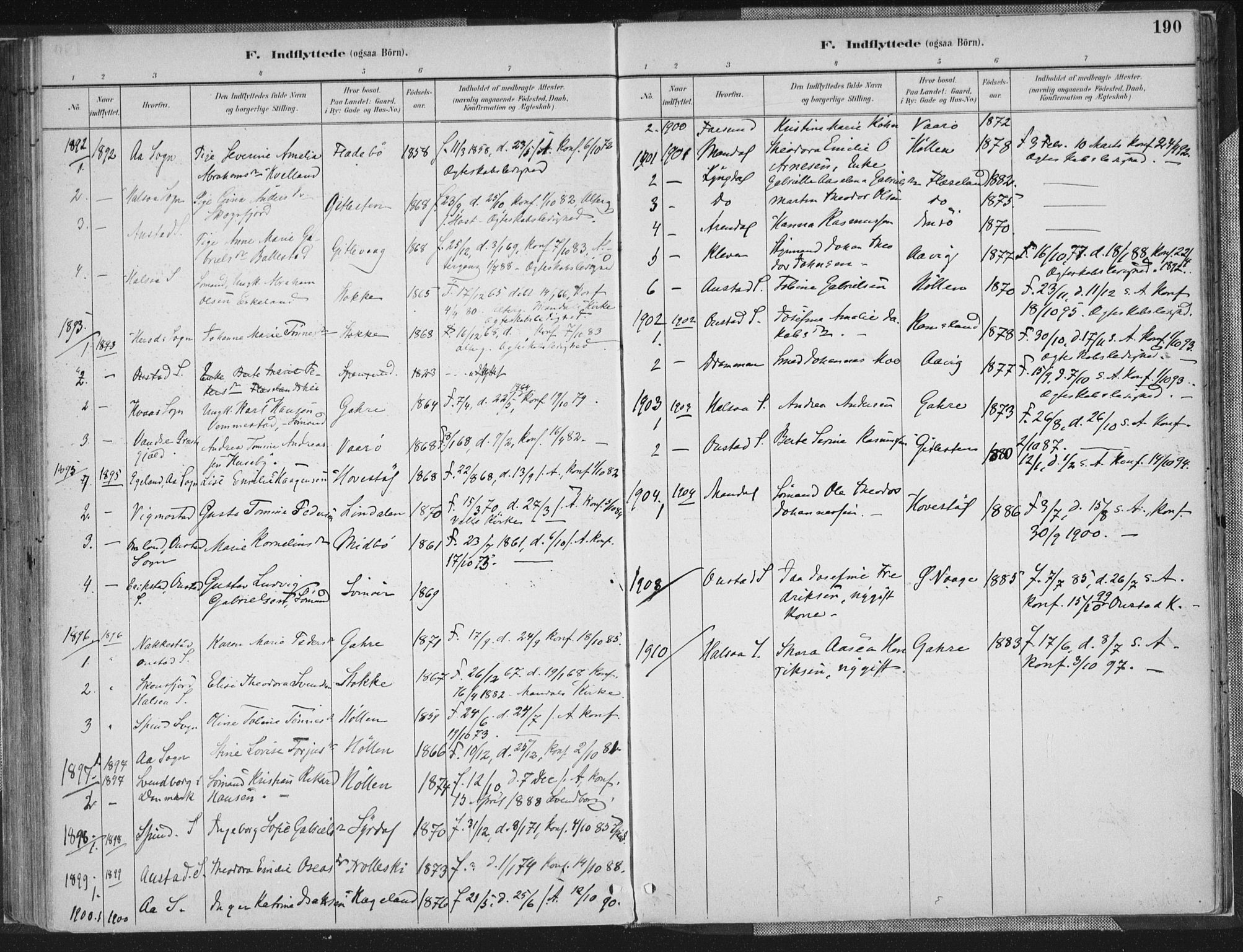 Sør-Audnedal sokneprestkontor, SAK/1111-0039/F/Fa/Faa/L0004: Parish register (official) no. A 4, 1884-1909, p. 190