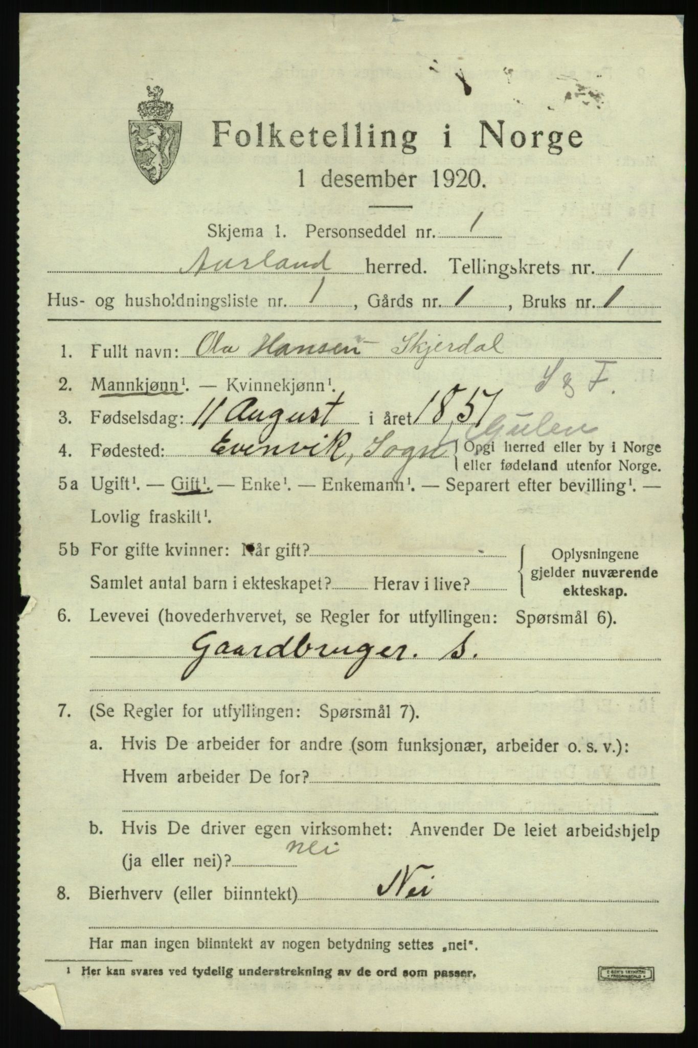 SAB, 1920 census for Aurland, 1920, p. 798