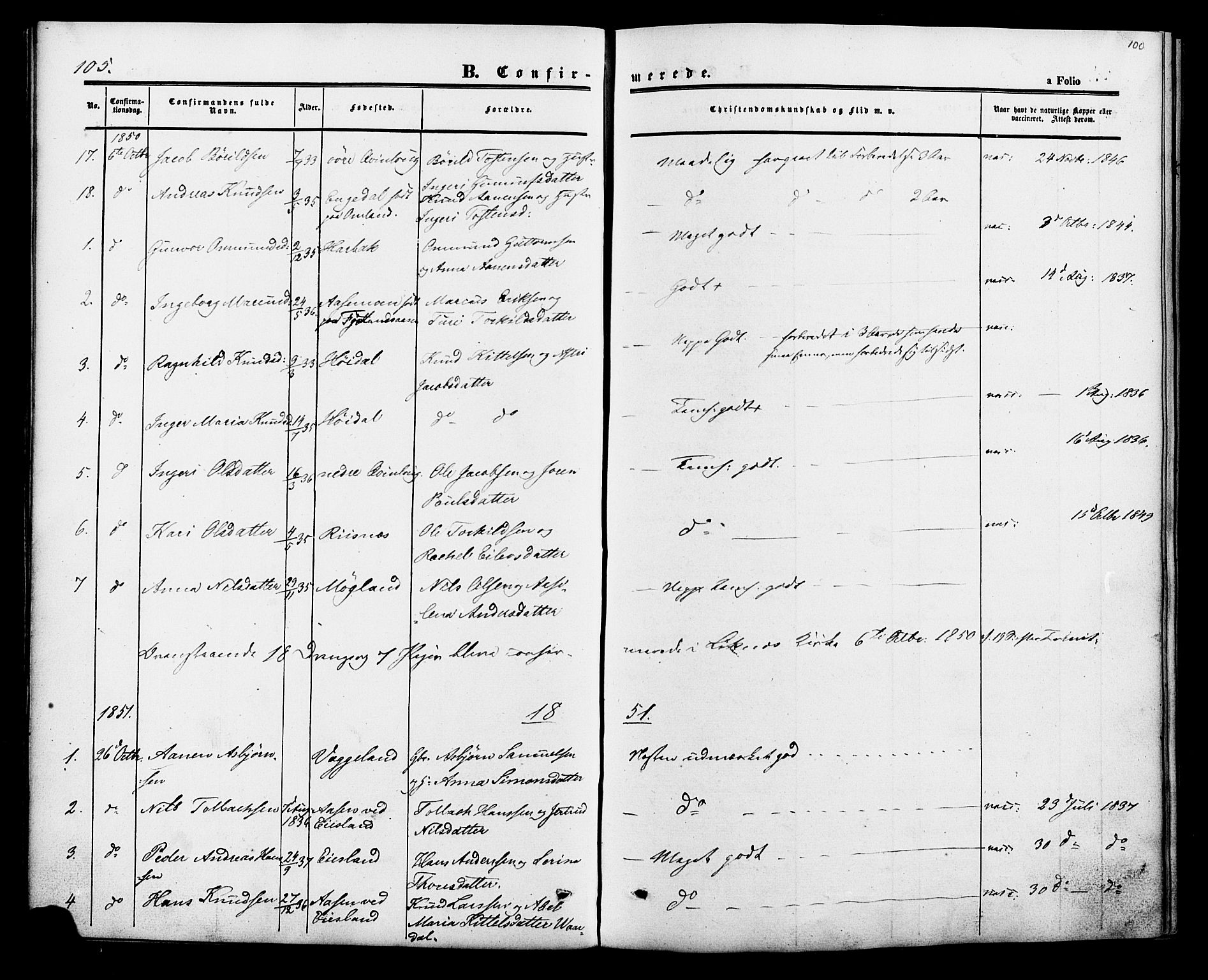 Fjotland sokneprestkontor, AV/SAK-1111-0010/F/Fa/L0001: Parish register (official) no. A 1, 1850-1879, p. 100