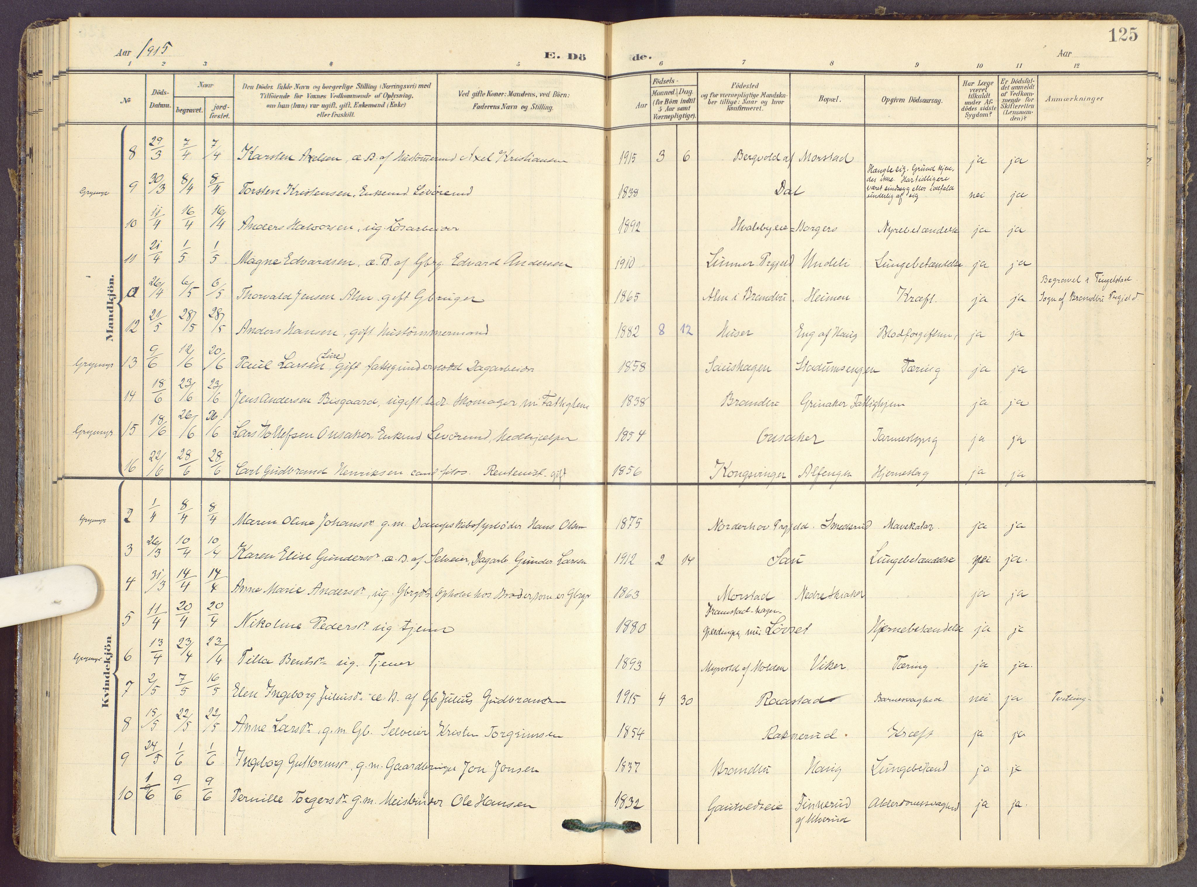 Gran prestekontor, AV/SAH-PREST-112/H/Ha/Haa/L0022: Parish register (official) no. 22, 1908-1918, p. 125