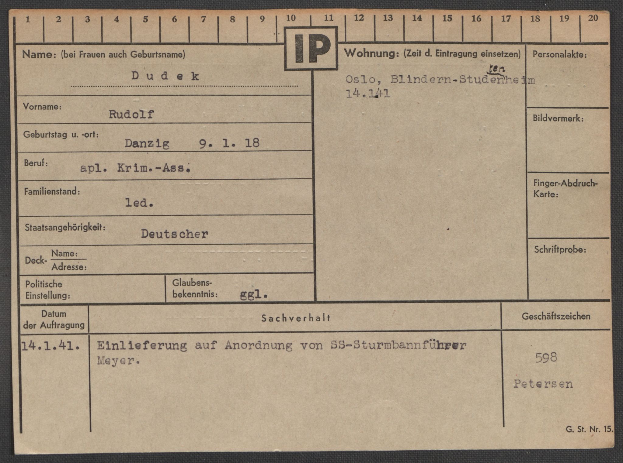 Befehlshaber der Sicherheitspolizei und des SD, RA/RAFA-5969/E/Ea/Eaa/L0002: Register over norske fanger i Møllergata 19: Bj-Eng, 1940-1945, p. 1089