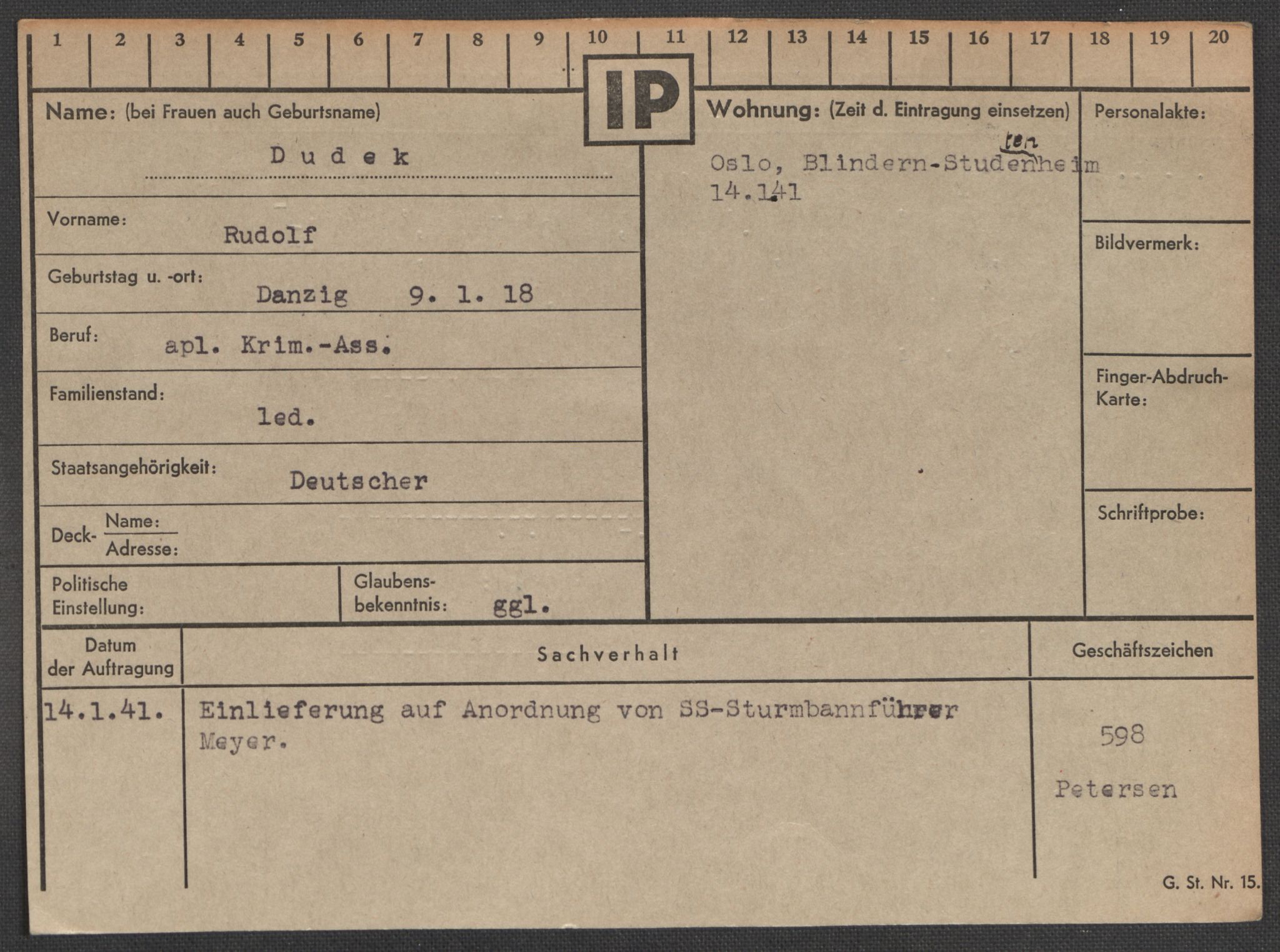 Befehlshaber der Sicherheitspolizei und des SD, AV/RA-RAFA-5969/E/Ea/Eaa/L0002: Register over norske fanger i Møllergata 19: Bj-Eng, 1940-1945, p. 1089