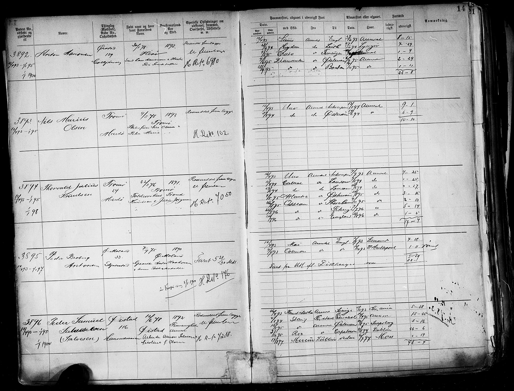 Arendal mønstringskrets, AV/SAK-2031-0012/F/Fa/L0004: Annotasjonsrulle nr 3828-4715 og nr 1-1296, S-4, 1892-1918, p. 17