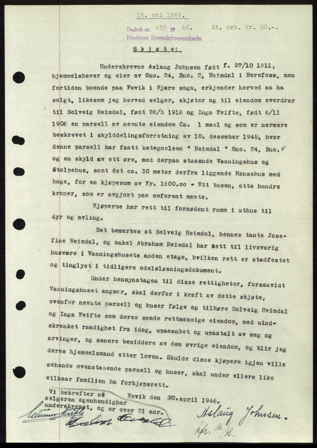 Nedenes sorenskriveri, AV/SAK-1221-0006/G/Gb/Gba/L0054: Mortgage book no. A6c, 1946-1946, Diary no: : 459/1946