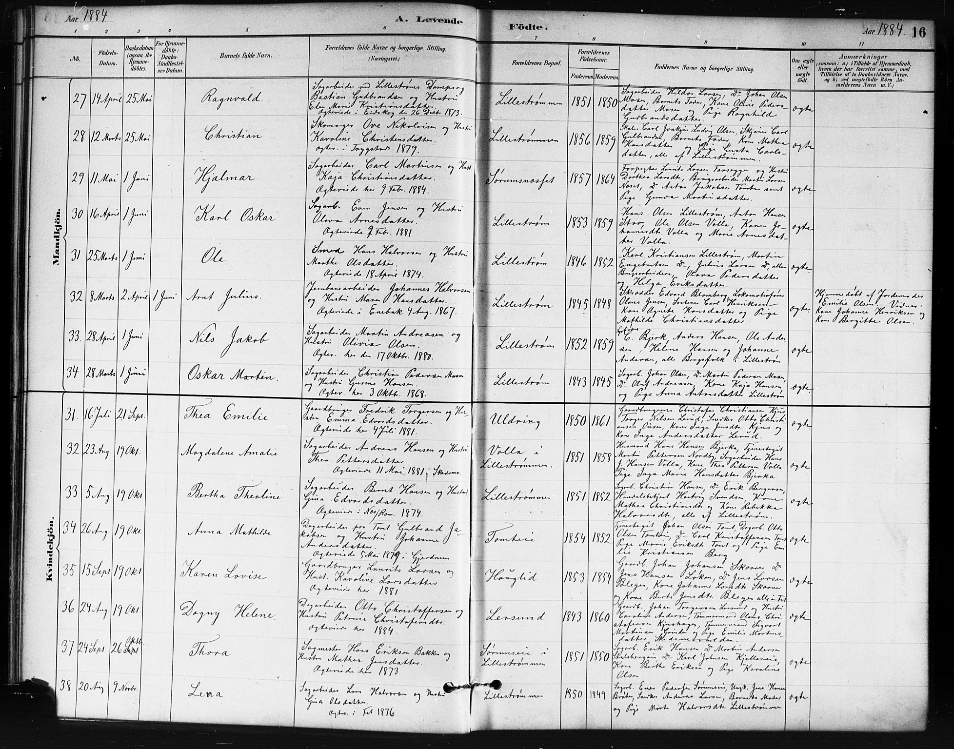 Skedsmo prestekontor Kirkebøker, AV/SAO-A-10033a/G/Ga/L0004: Parish register (copy) no. I 4, 1883-1895, p. 16