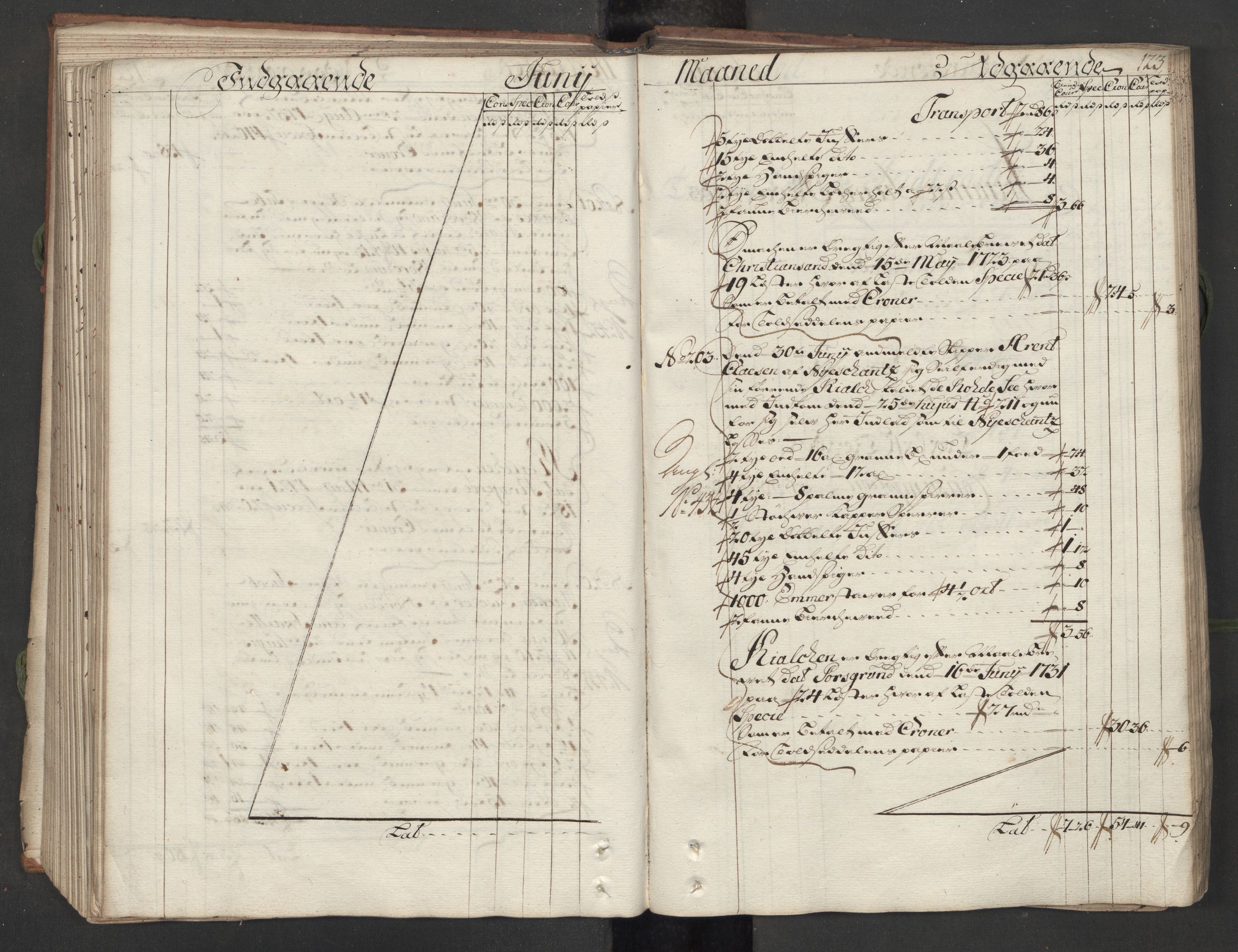 Generaltollkammeret, tollregnskaper, AV/RA-EA-5490/R12/L0009/0001: Tollregnskaper Langesund / Hovedtollbok, 1733, p. 122b-123a