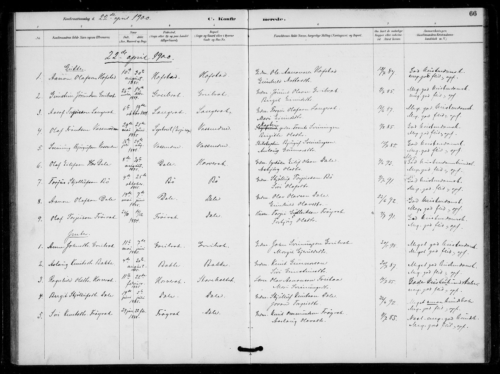 Bygland sokneprestkontor, SAK/1111-0006/F/Fa/Fad/L0001: Parish register (official) no. A 1, 1885-1906, p. 66