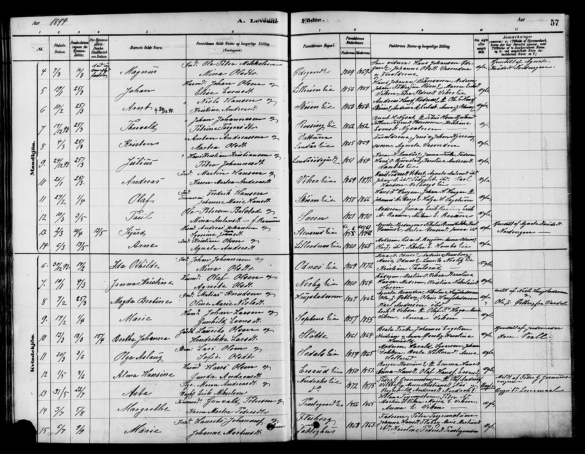Søndre Land prestekontor, AV/SAH-PREST-122/K/L0002: Parish register (official) no. 2, 1878-1894, p. 57