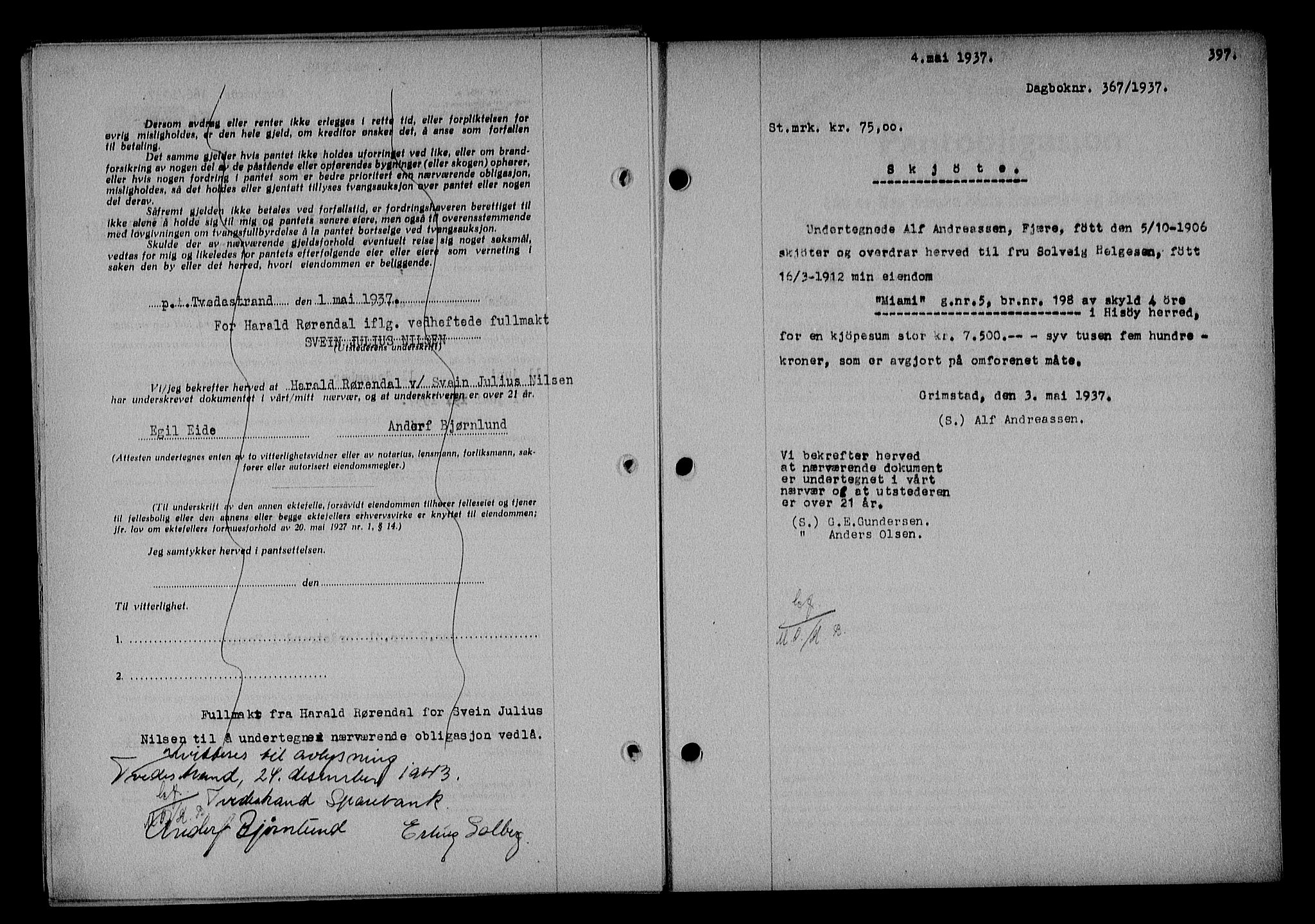 Nedenes sorenskriveri, SAK/1221-0006/G/Gb/Gba/L0043: Mortgage book no. 39, 1936-1937, Diary no: : 367/1937