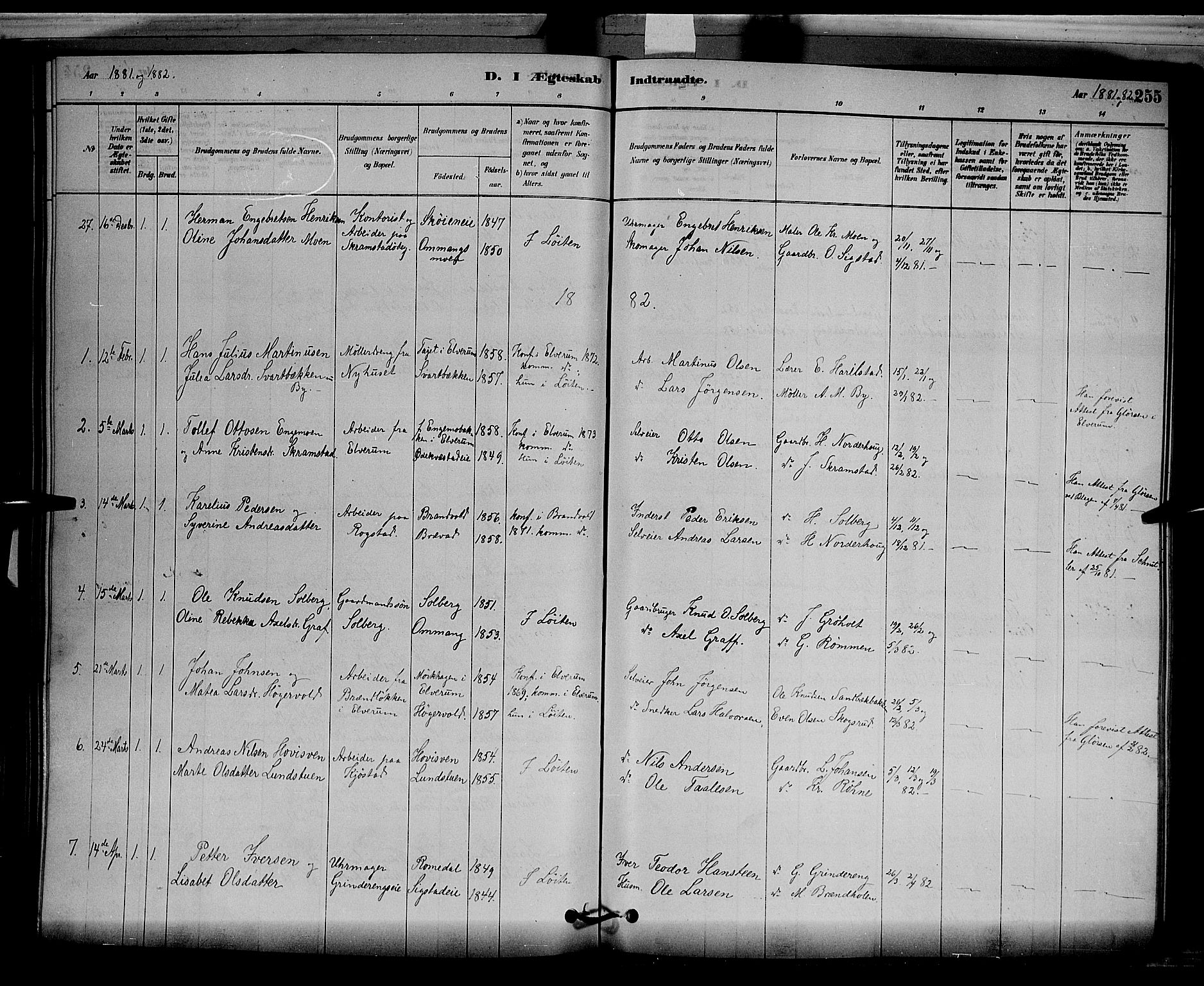 Løten prestekontor, SAH/PREST-022/L/La/L0005: Parish register (copy) no. 5, 1878-1891, p. 255