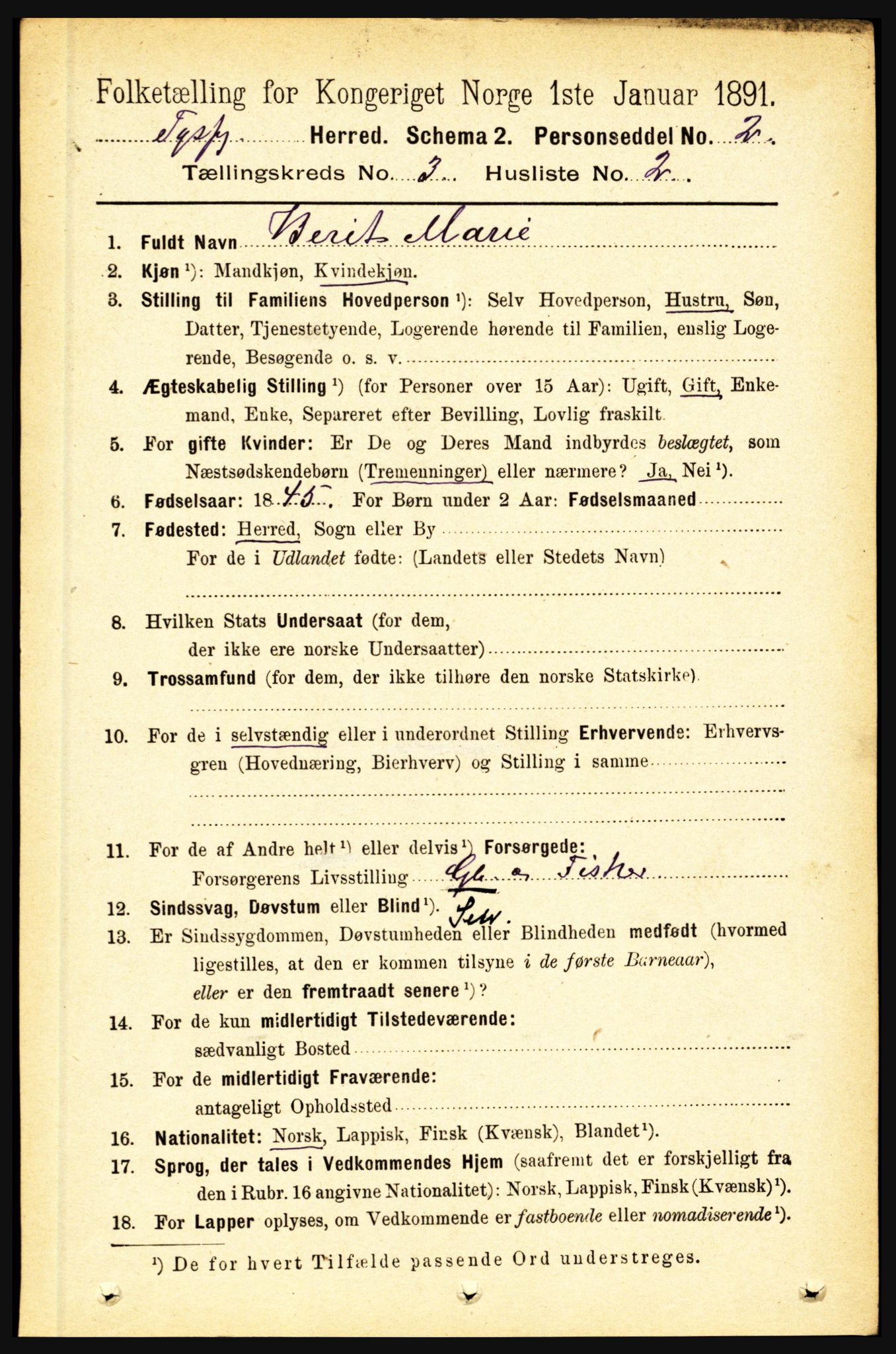 RA, 1891 census for 1850 Tysfjord, 1891, p. 1053